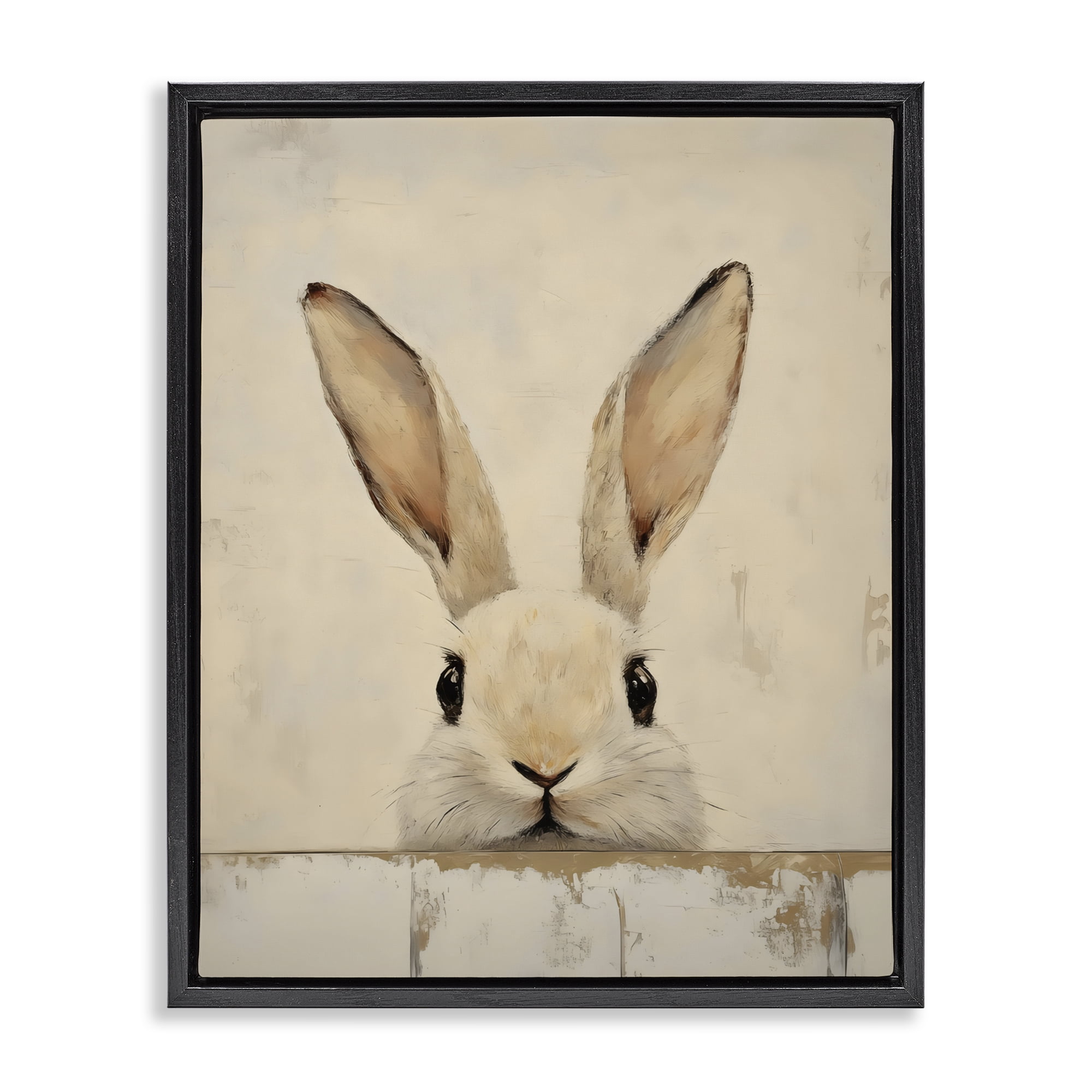 Stupell Industries Peeking Bunny in Soft Neutrals Black Framed Floater Canvas Wall Art, design by LSR Design Studio