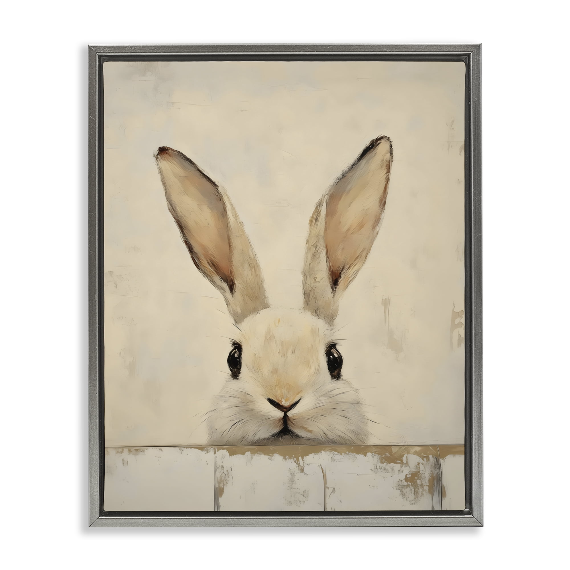 Stupell Industries Peeking Bunny in Soft Neutrals Gray Framed Floater Canvas Wall Art, design by LSR Design Studio