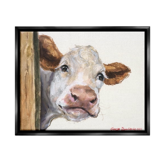 Stupell Industries Peeking Cattle & Fence Animals & Insects Painting Black Floater Framed Canvas Art Print Wall Art, 31 x 25