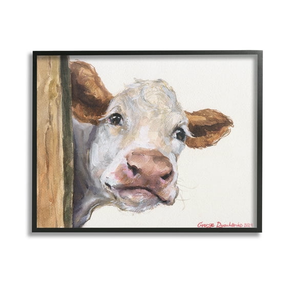 Stupell Industries Peeking Cattle & Fence Animals & Insects Painting Black Framed Art Print Wall Art, 14 x 11