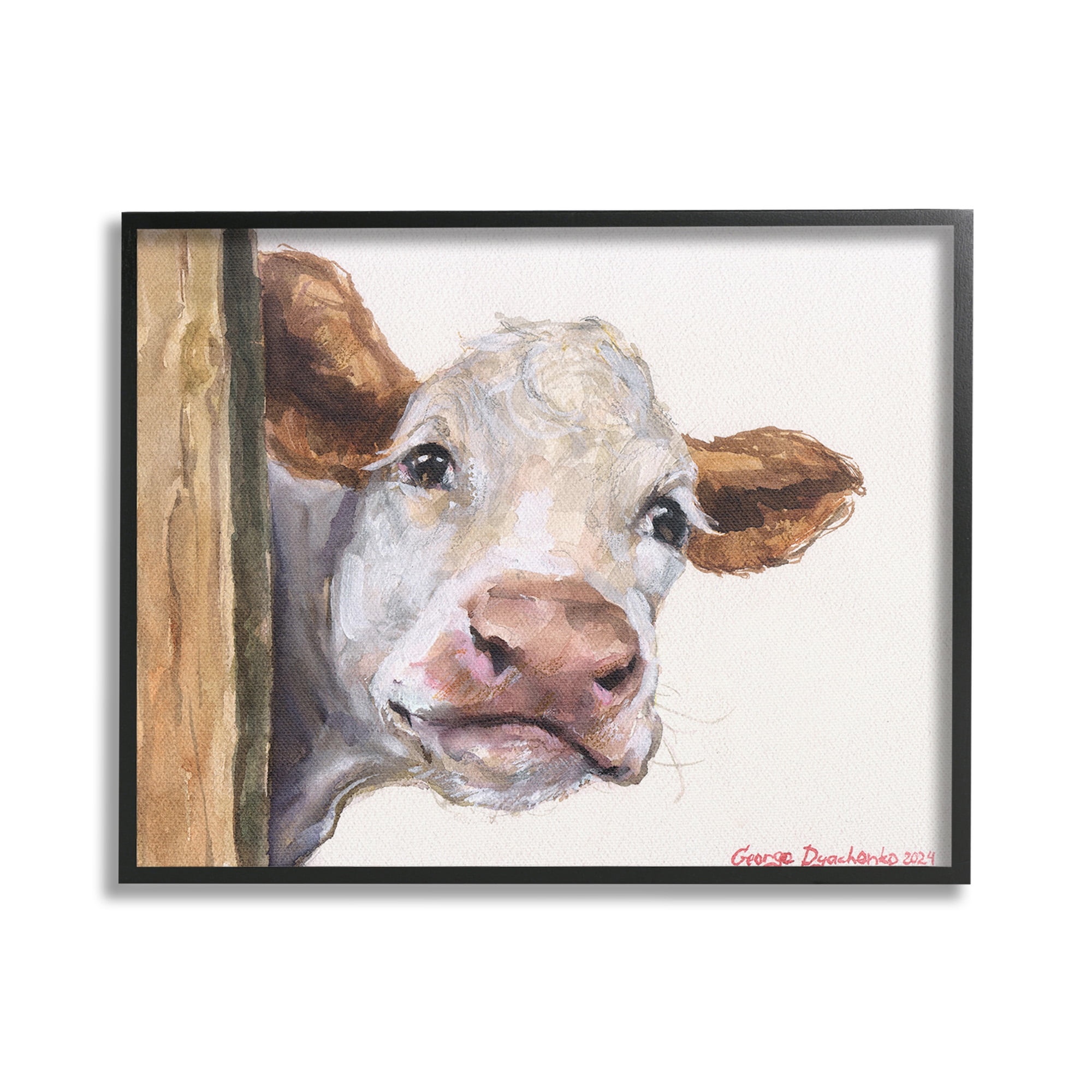 Stupell Industries Peeking Cattle & Fence Animals & Insects Painting Black Framed Art Print Wall Art, 30 x 24