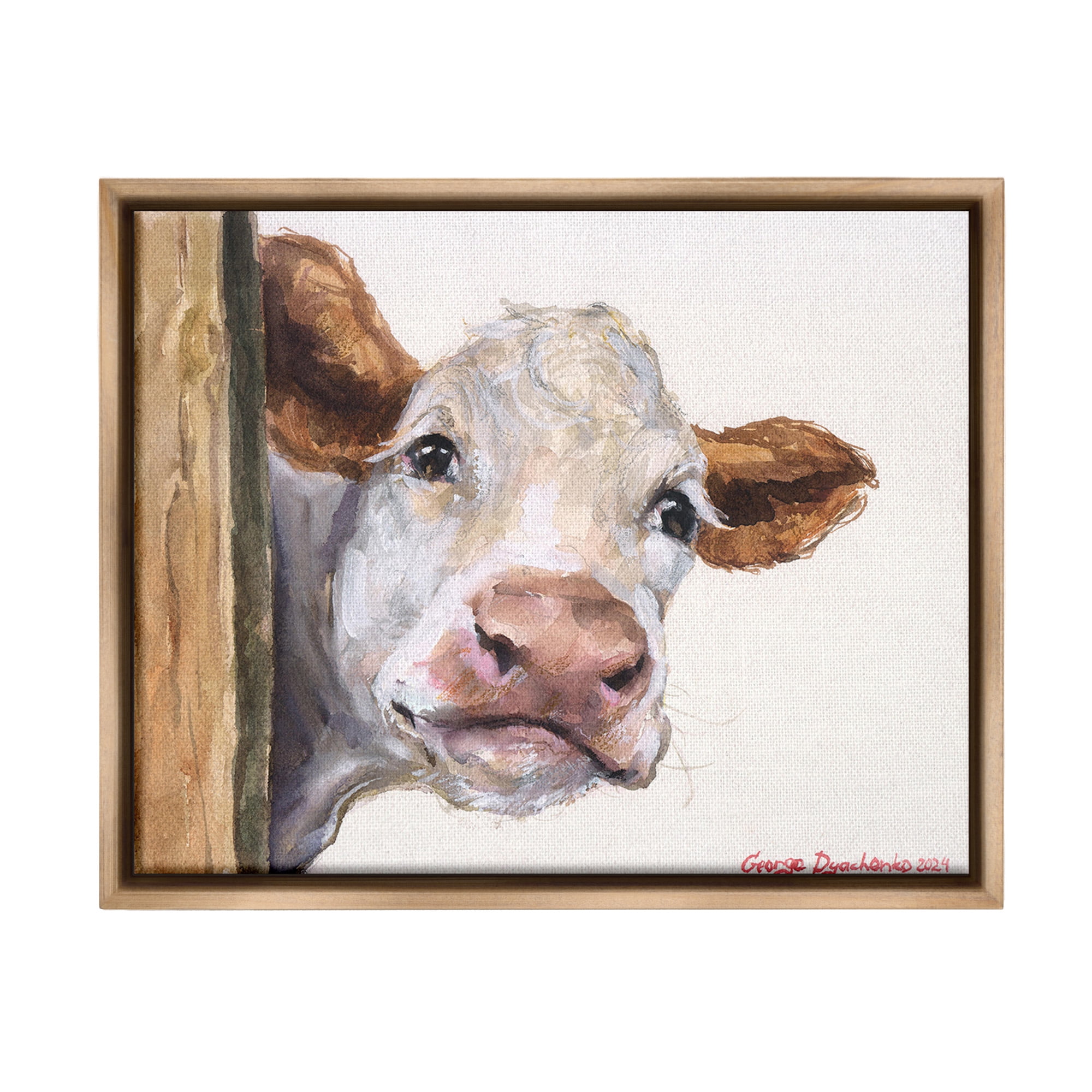 Stupell Industries Peeking Cattle & Fence Animals & Insects Painting Brown Floater Framed Canvas Art Print Wall Art, 21 x 17
