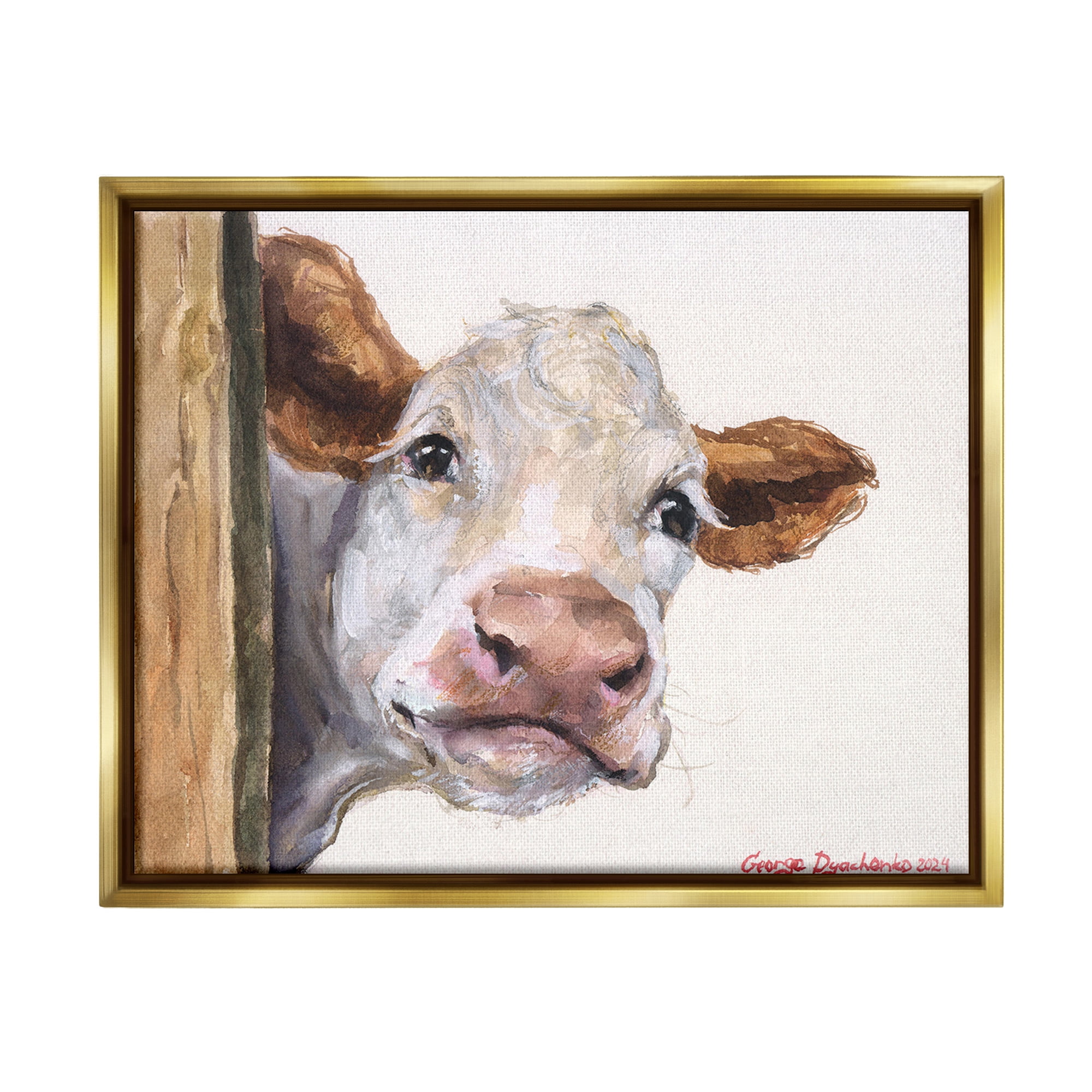 Stupell Industries Peeking Cattle & Fence Animals & Insects Painting Gold Floater Framed Canvas Art Print Wall Art, 31 x 25
