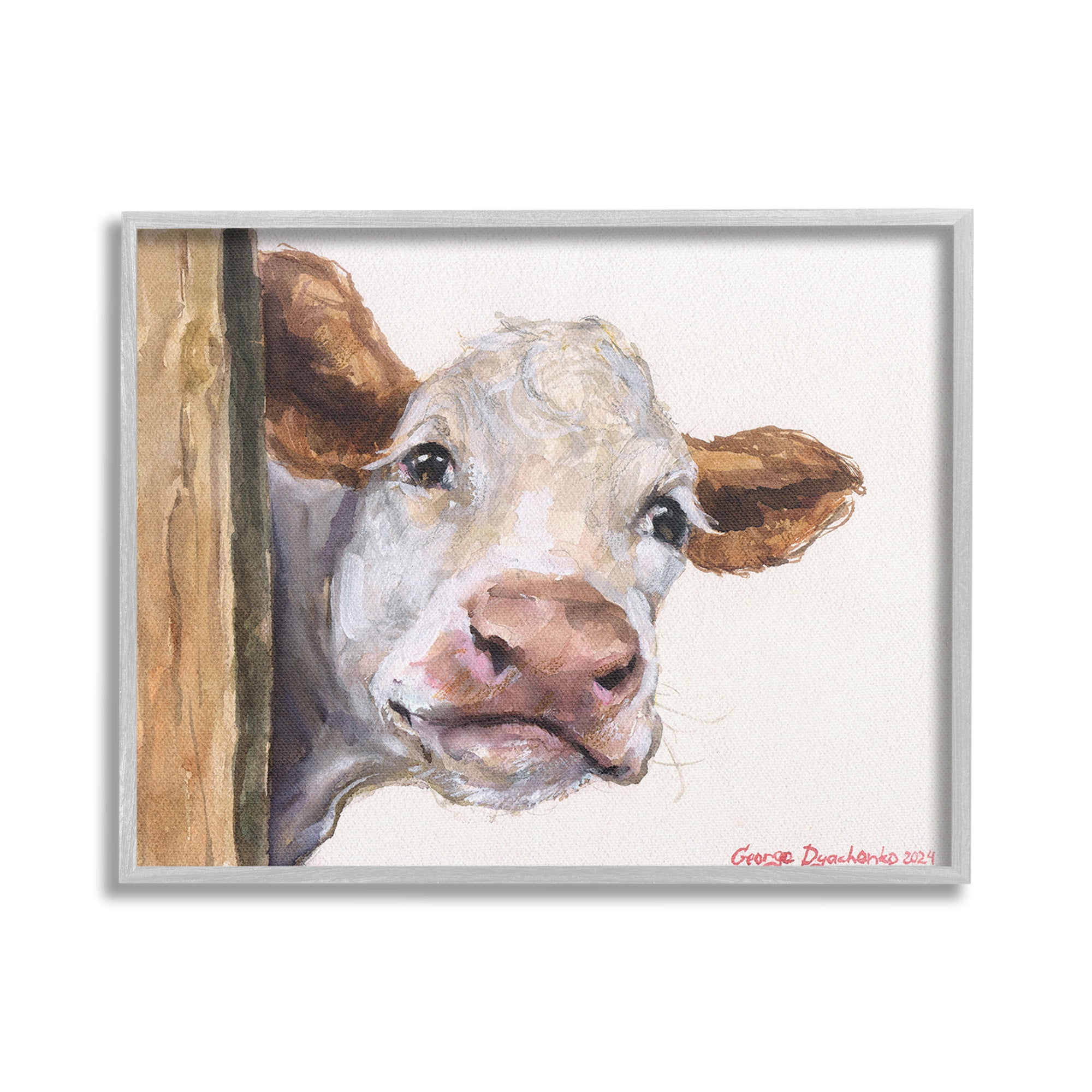 Stupell Industries Peeking Cattle & Fence Animals & Insects Painting Gray Framed Art Print Wall Art, 20 x 16