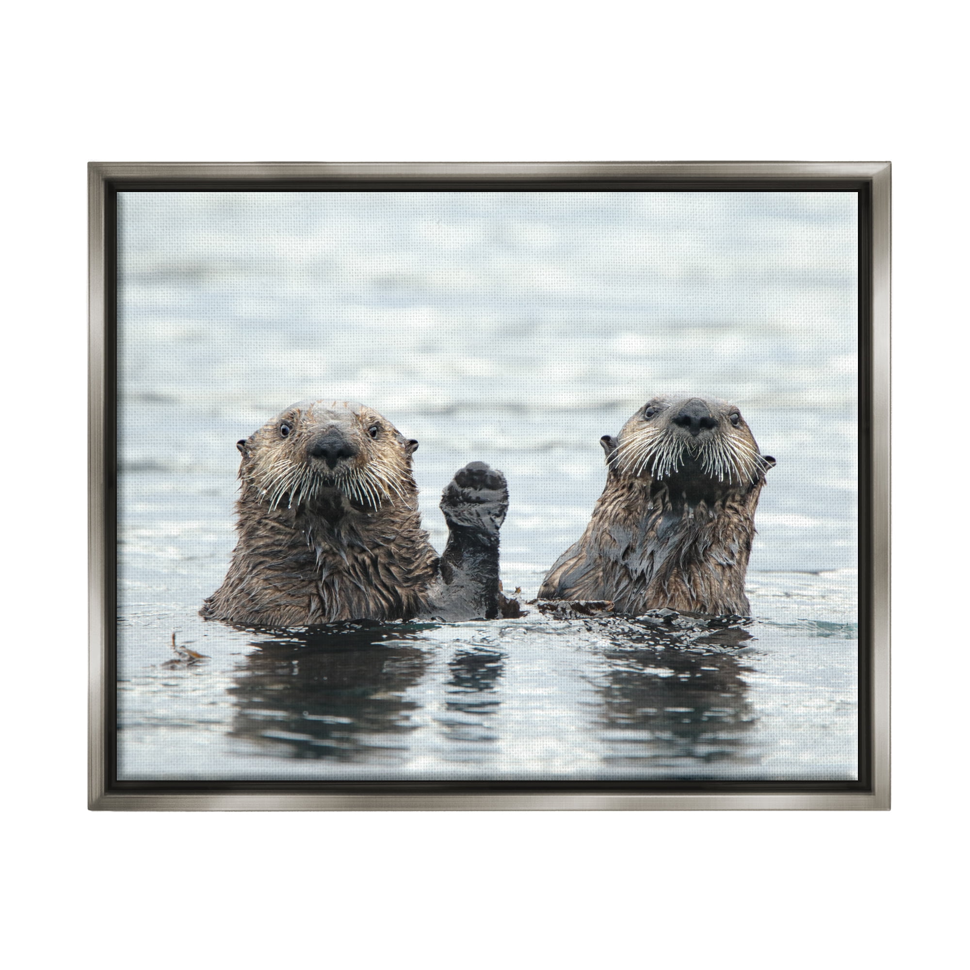 Stupell Industries Peeking Otters in Water Animals & Insects Photography Gray Floater Framed Canvas Art Print Wall Art, 21 x 17
