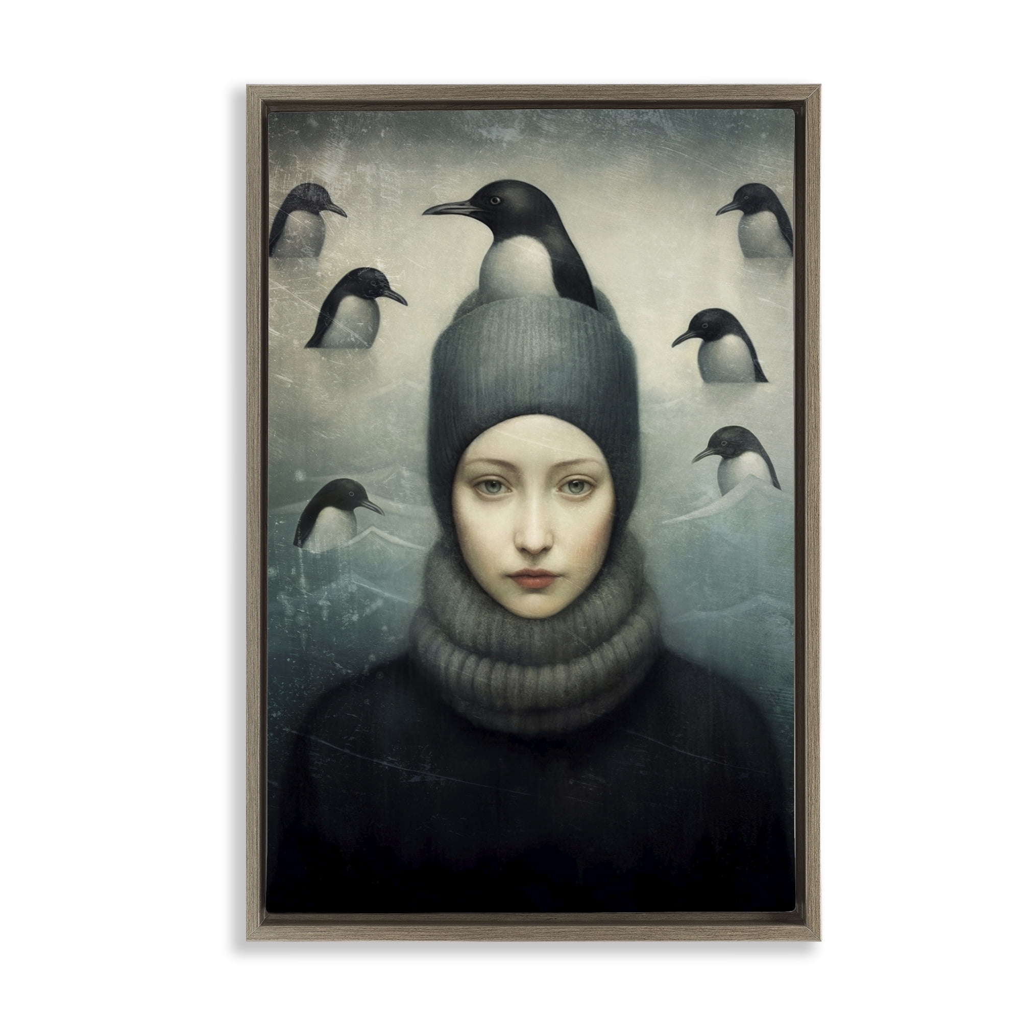 Stupell Industries Peeking Penguins & Woman People Painting Brown Floater Framed Canvas Art Print Wall Art, 17 x 25