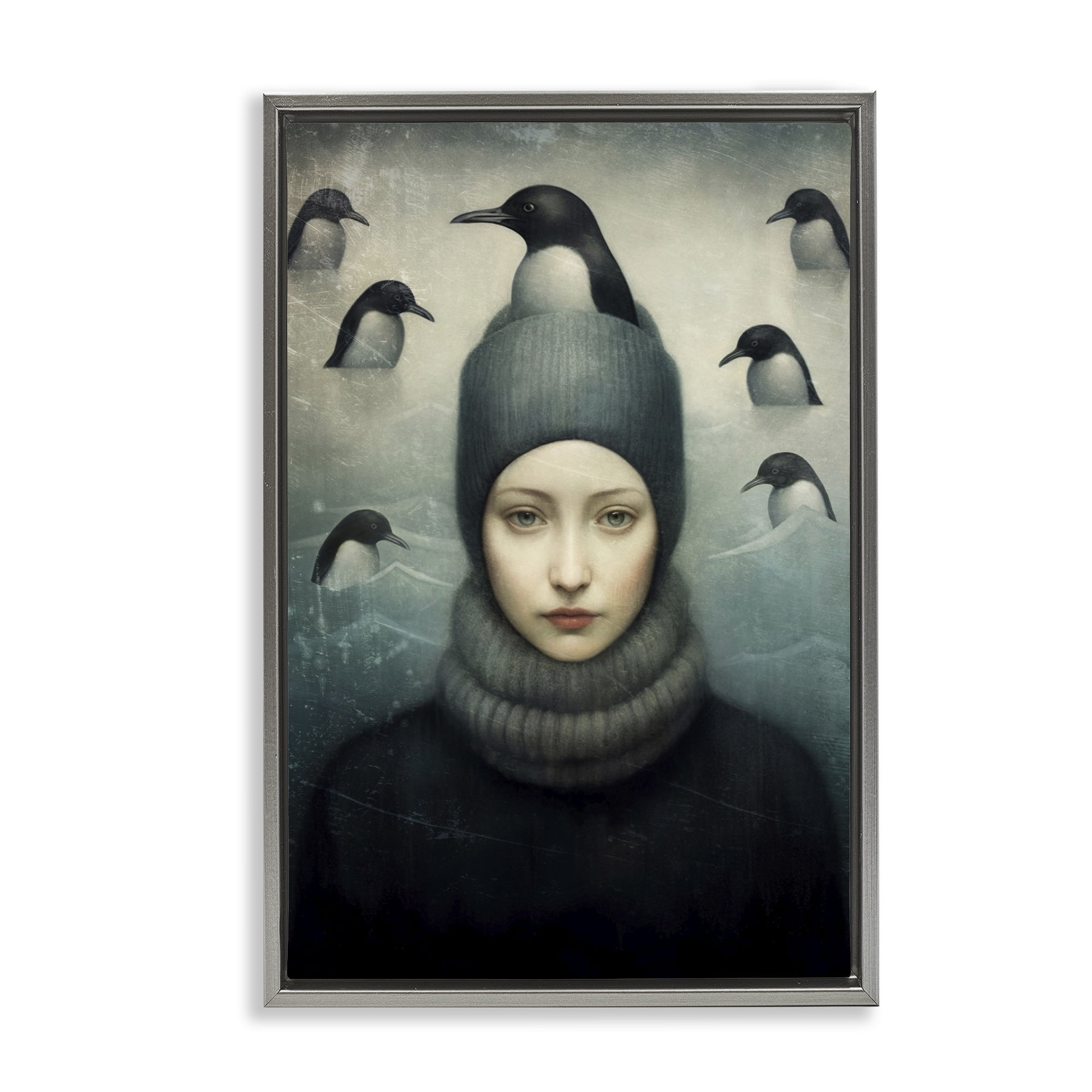 Stupell Industries Peeking Penguins & Woman People Painting Gray Floater Framed Canvas Art Print Wall Art, 17 x 25