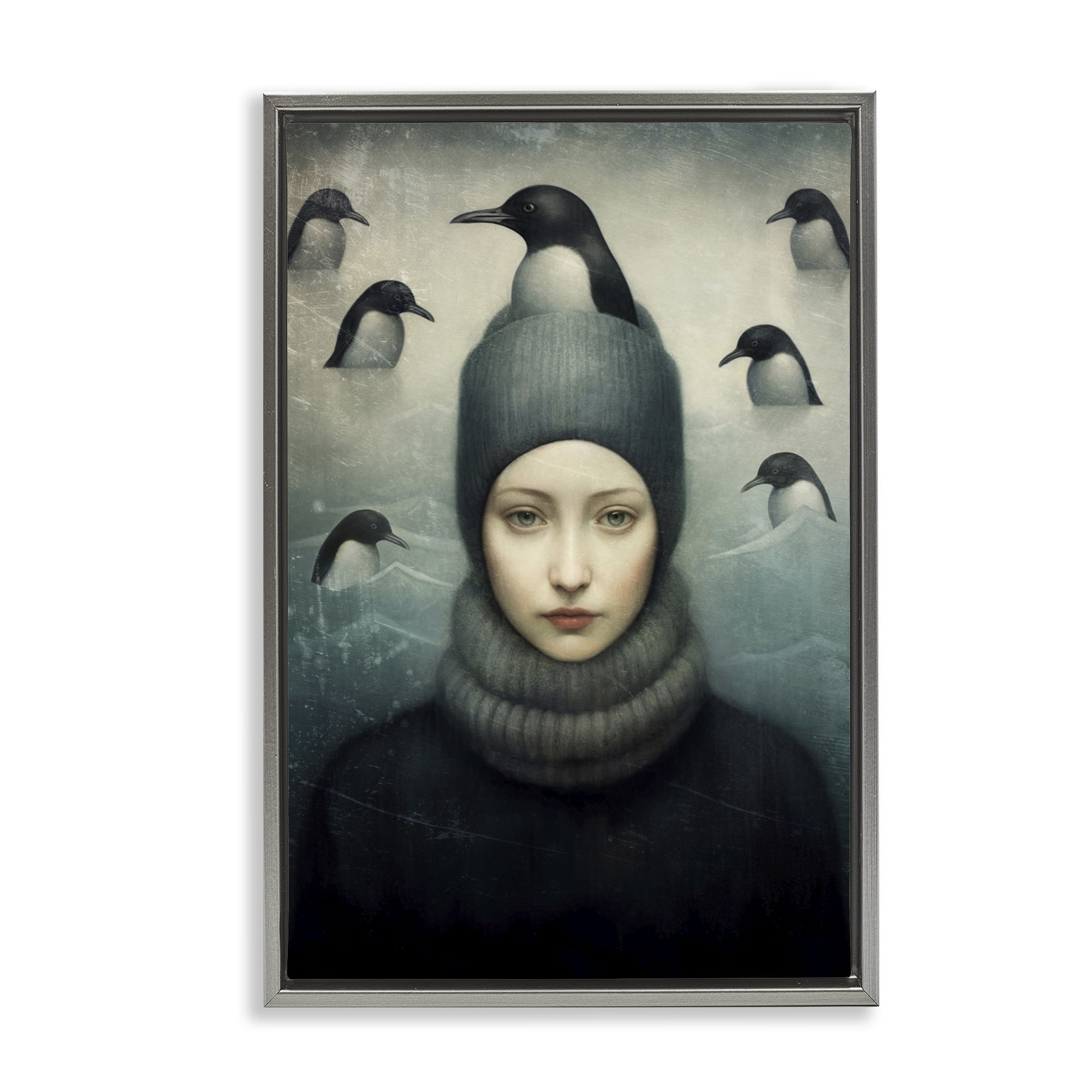Stupell Industries Peeking Penguins & Woman People Painting Gray Floater Framed Canvas Art Print Wall Art, 21 x 31