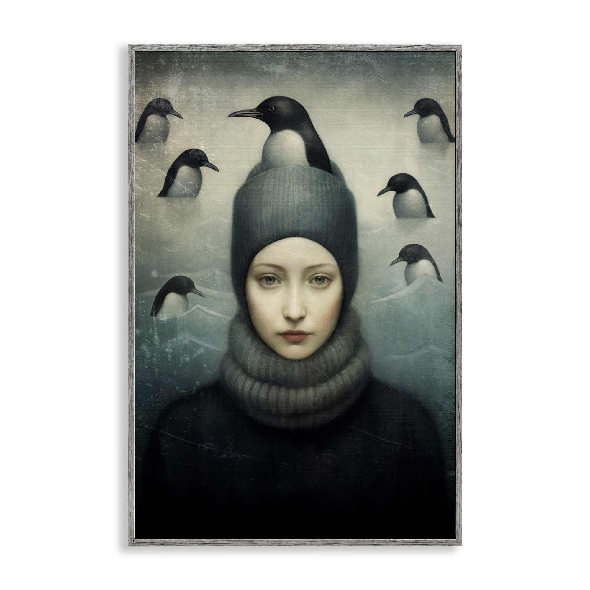 Stupell Industries Peeking Penguins & Woman People Painting Gray Framed Art Print Wall Art, 12 x 18