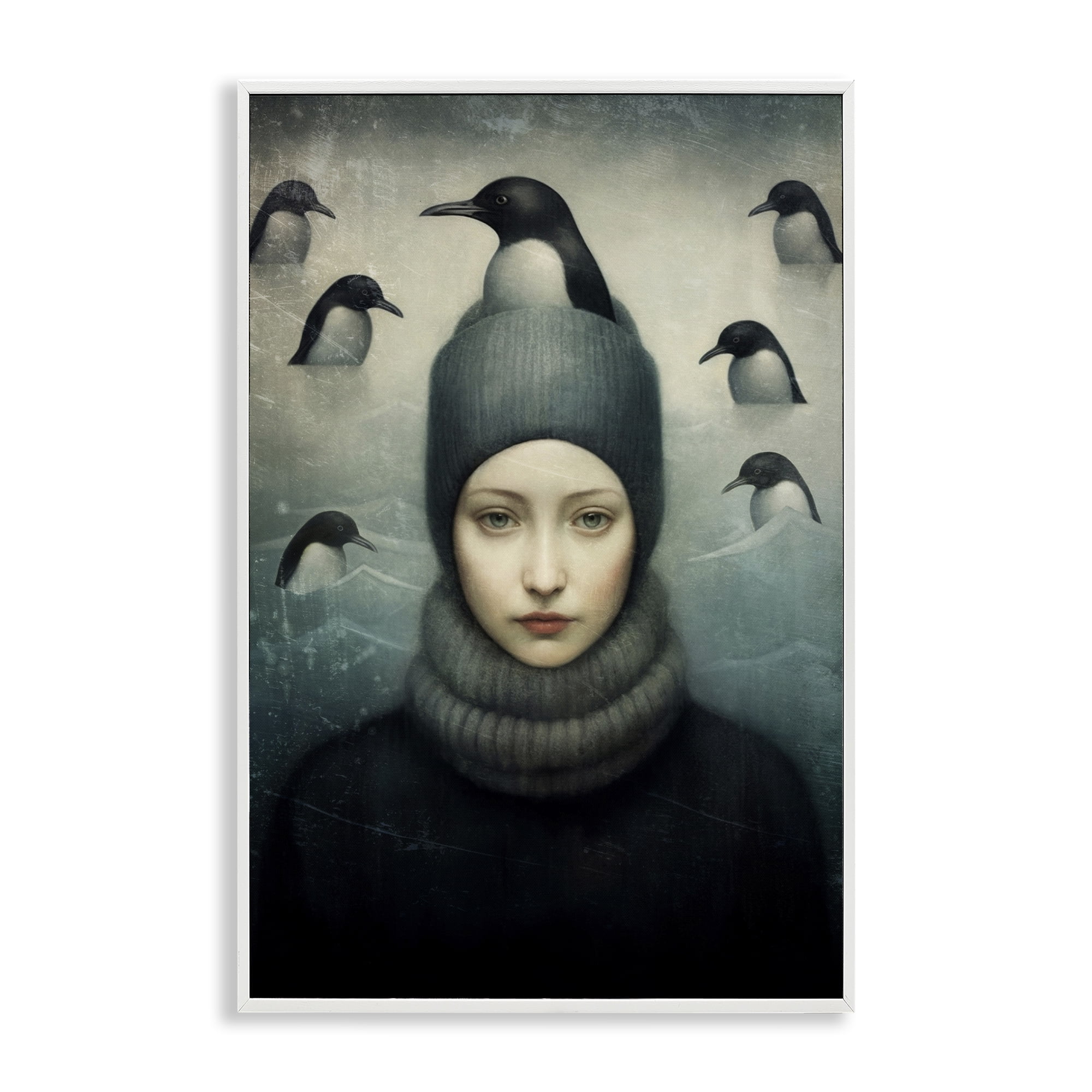 Stupell Industries Peeking Penguins & Woman People Painting White Framed Art Print Wall Art, 20 x 30