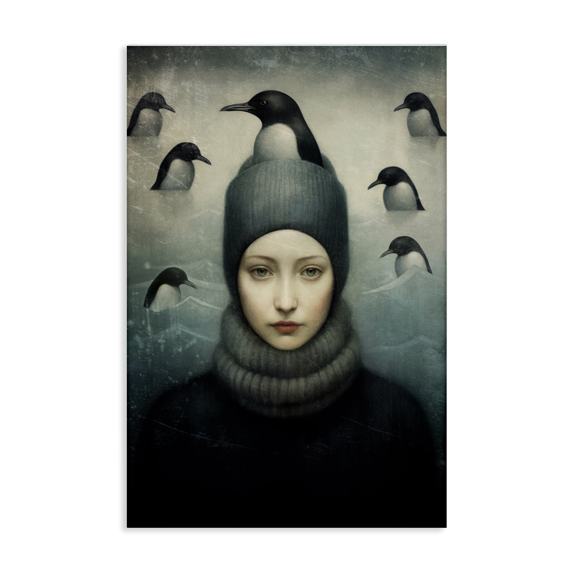 Stupell Industries Peeking Penguins & Woman People Painting Wrapped Canvas Art Print Wall Art, 30 x 45