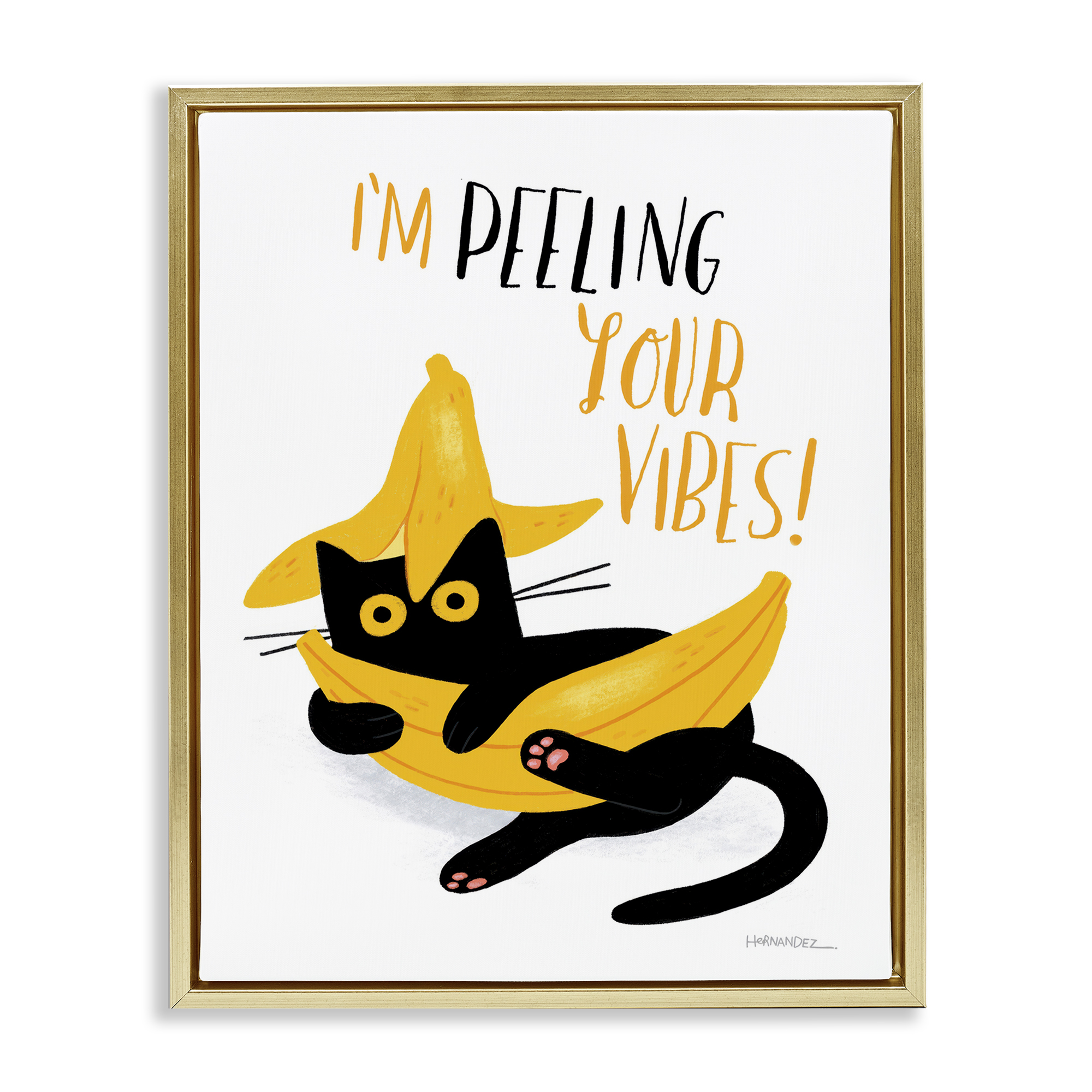Stupell Industries Peeling Your Vibes Cat Animals Painting Gold Floater Framed Canvas Art Print Wall Art, 17 x 21