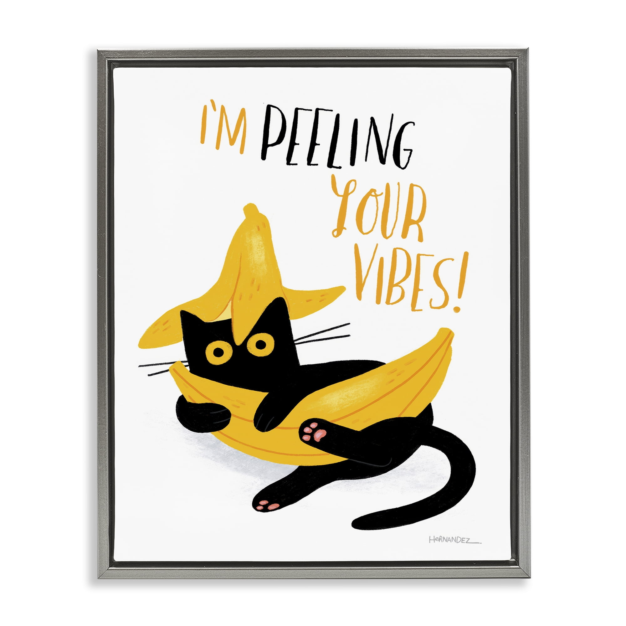 Stupell Industries Peeling Your Vibes Cat Animals Painting Gray Floater Framed Canvas Art Print Wall Art, 17 x 21