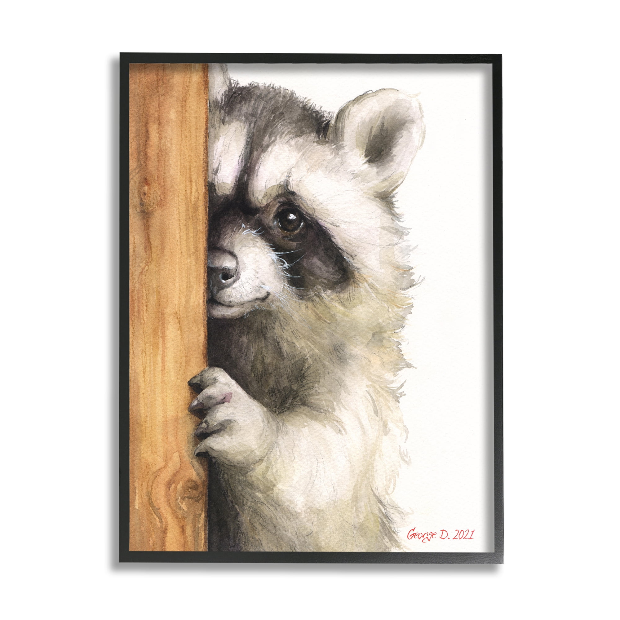 Stupell Industries Peering Raccoon Cute Smile Watercolor Animal Painting Painting Black Framed Art Print Wall Art, Design by George Dyachenko