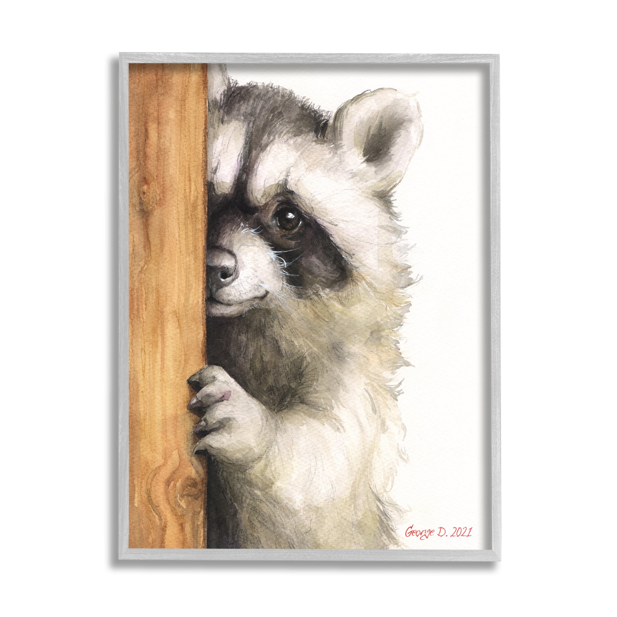 Stupell Industries Peering Raccoon Cute Smile Watercolor Animal Painting Painting Gray Framed Art Print Wall Art, Design by George Dyachenko