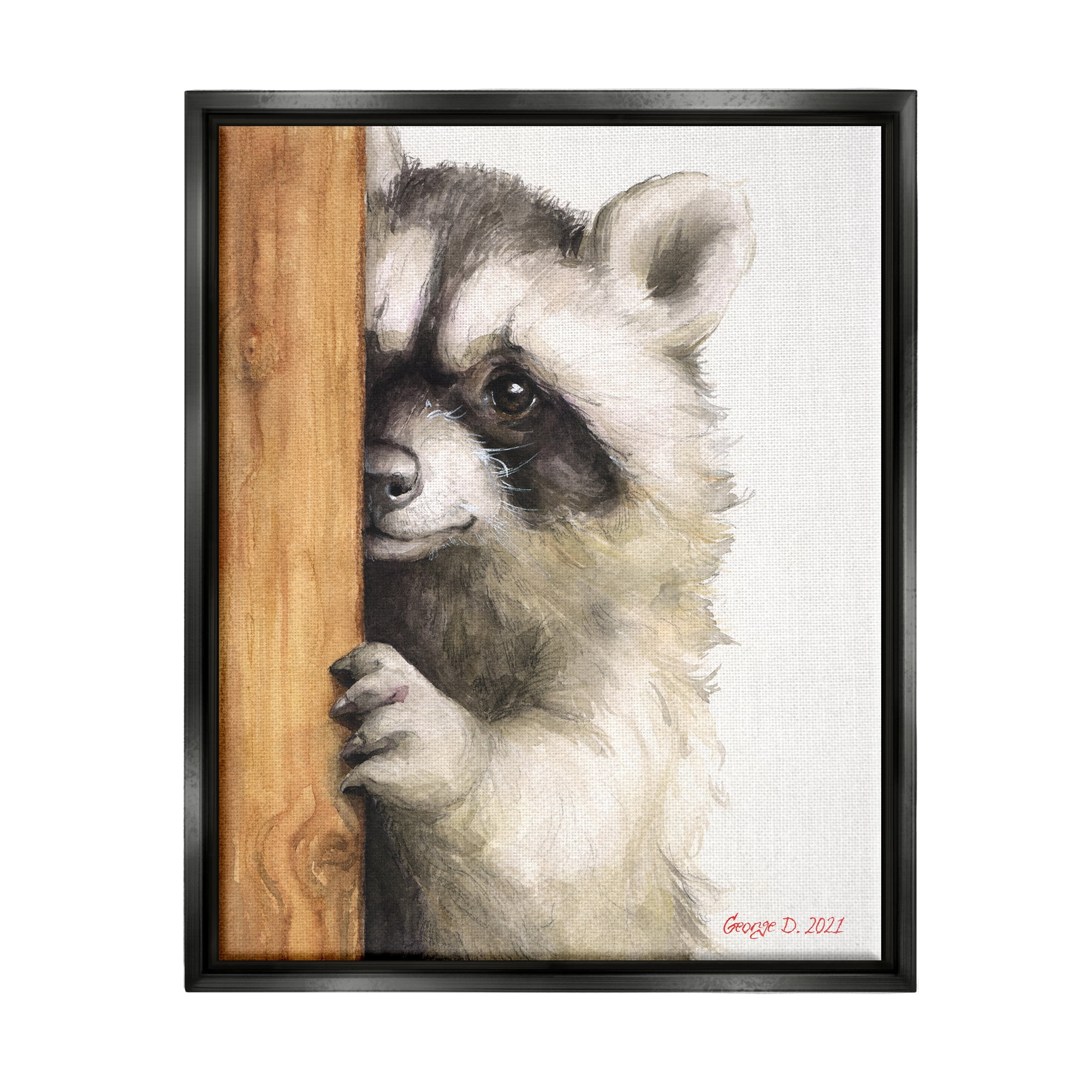 Stupell Industries Peering Raccoon Cute Smile Watercolor Animal Painting Painting Jet Black Floating Framed Canvas Print Wall Art, Design by George Dyachenko