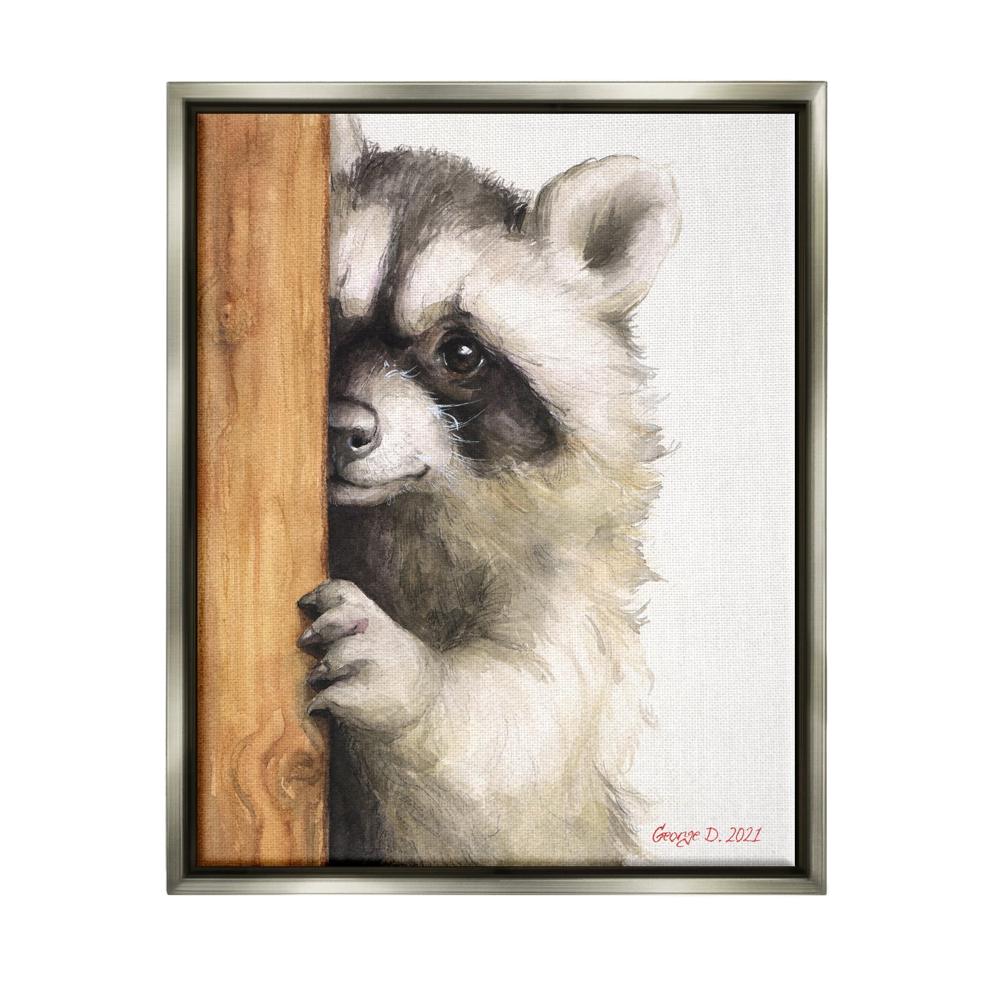Stupell Industries Peering Raccoon Cute Smile Watercolor Animal Painting Painting Luster Gray Floating Framed Canvas Print Wall Art, Design by George Dyachenko