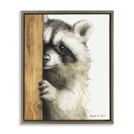 Stupell Industries Peering Raccoon Watercolor Animals & Insects Painting Brown Floater Framed Canvas Art Print Wall Art, 25 x 31