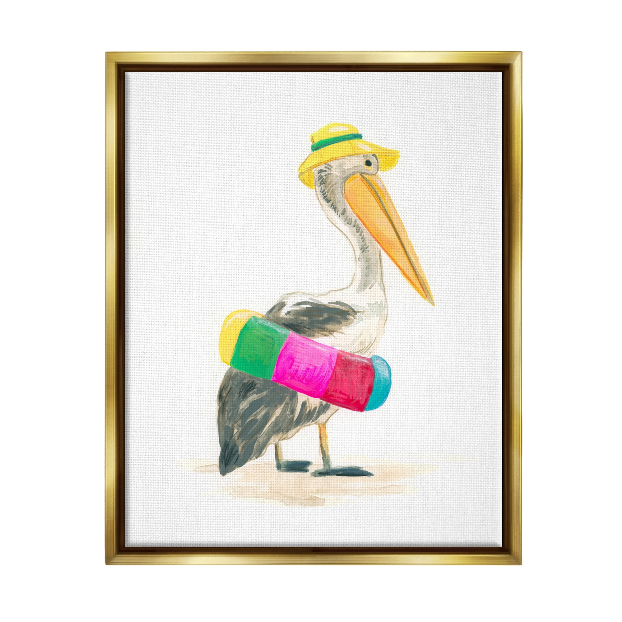 Stupell Industries Pelican & Beach Tube Animals & Insects Painting Gold Floater Framed Canvas Art Print Wall Art, 25 x 31