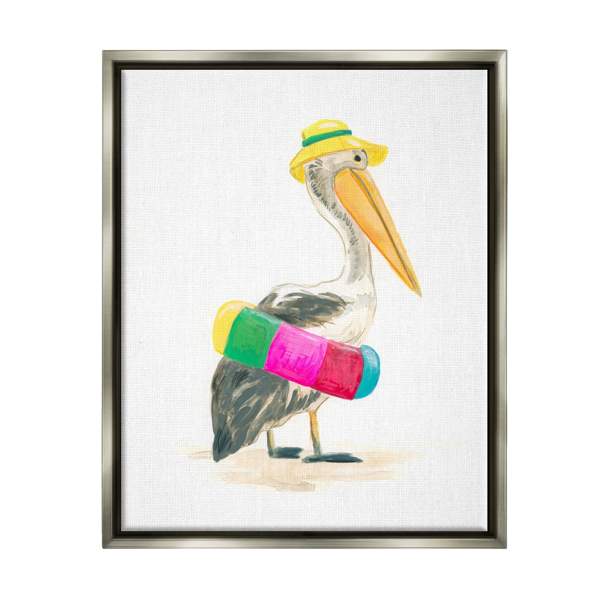 Stupell Industries Pelican & Beach Tube Animals & Insects Painting Gray Floater Framed Canvas Art Print Wall Art, 17 x 21