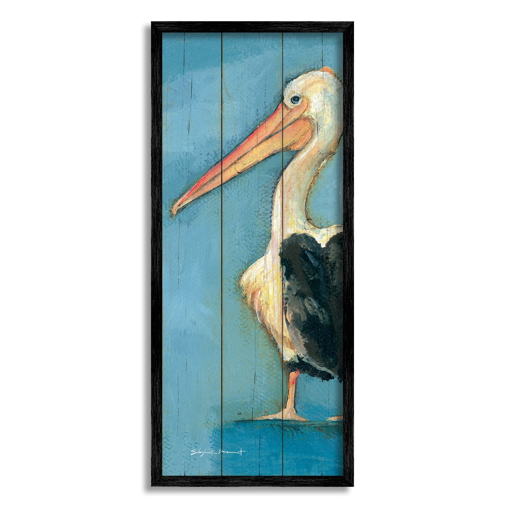 Stupell Industries Pelican Bird Over Blue Planked Pattern Animal Painting, 13 x 30, Design by Stephanie Workman Marrott