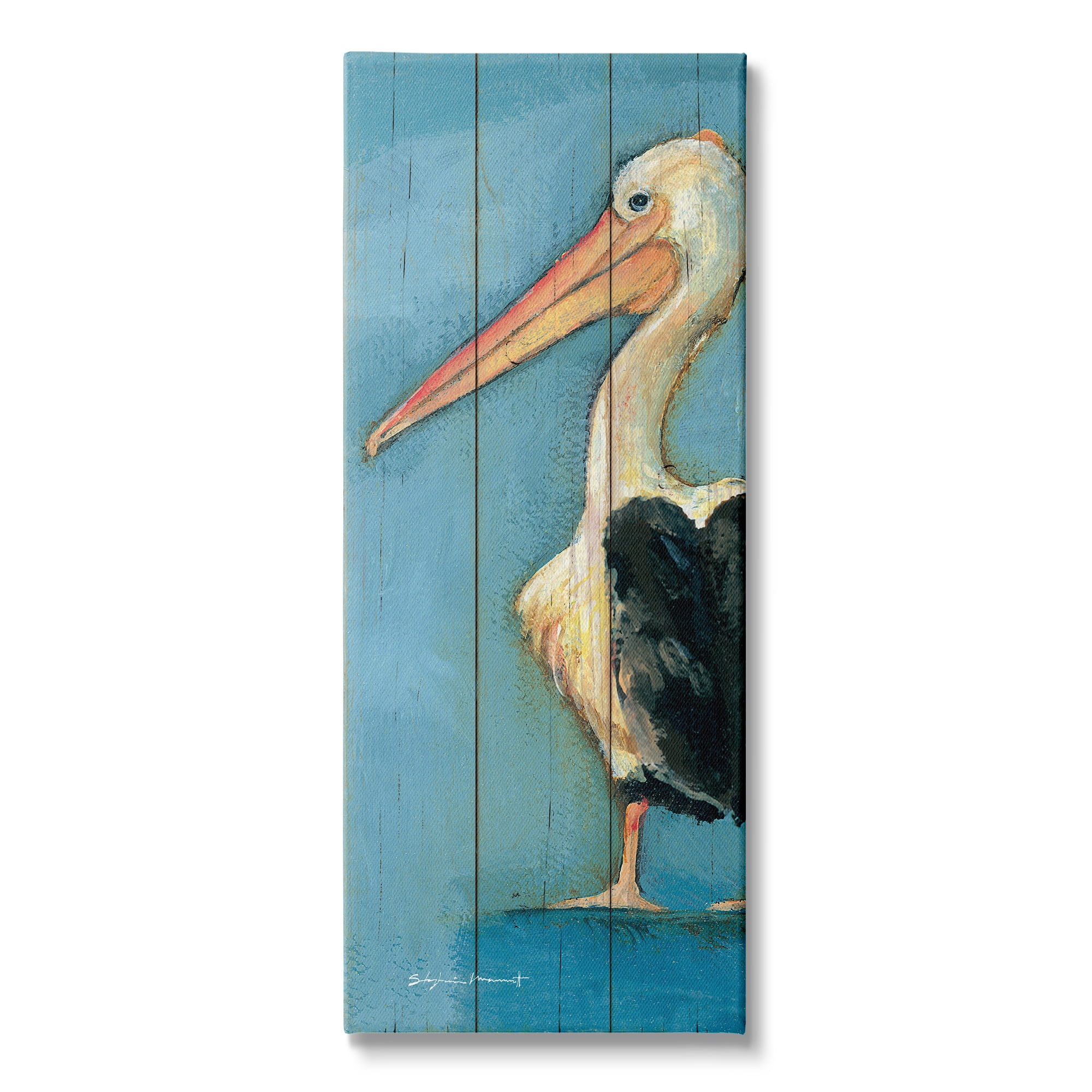 Stupell Industries Pelican Bird Over Blue Planked Pattern Animal Painting, 13 x 30, Design by Stephanie Workman Marrott