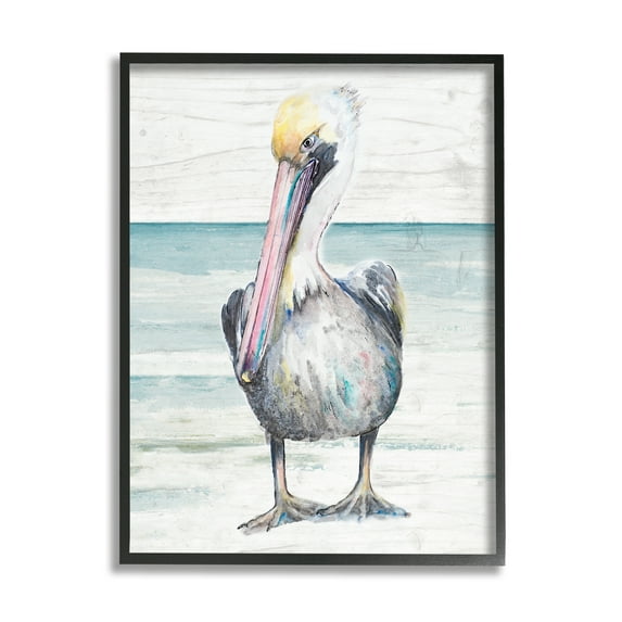 Stupell Industries Pelican Bird Standing Beach Sand Grain Pattern Graphic Art Black Framed Art Print Wall Art, Design by Patricia Pinto