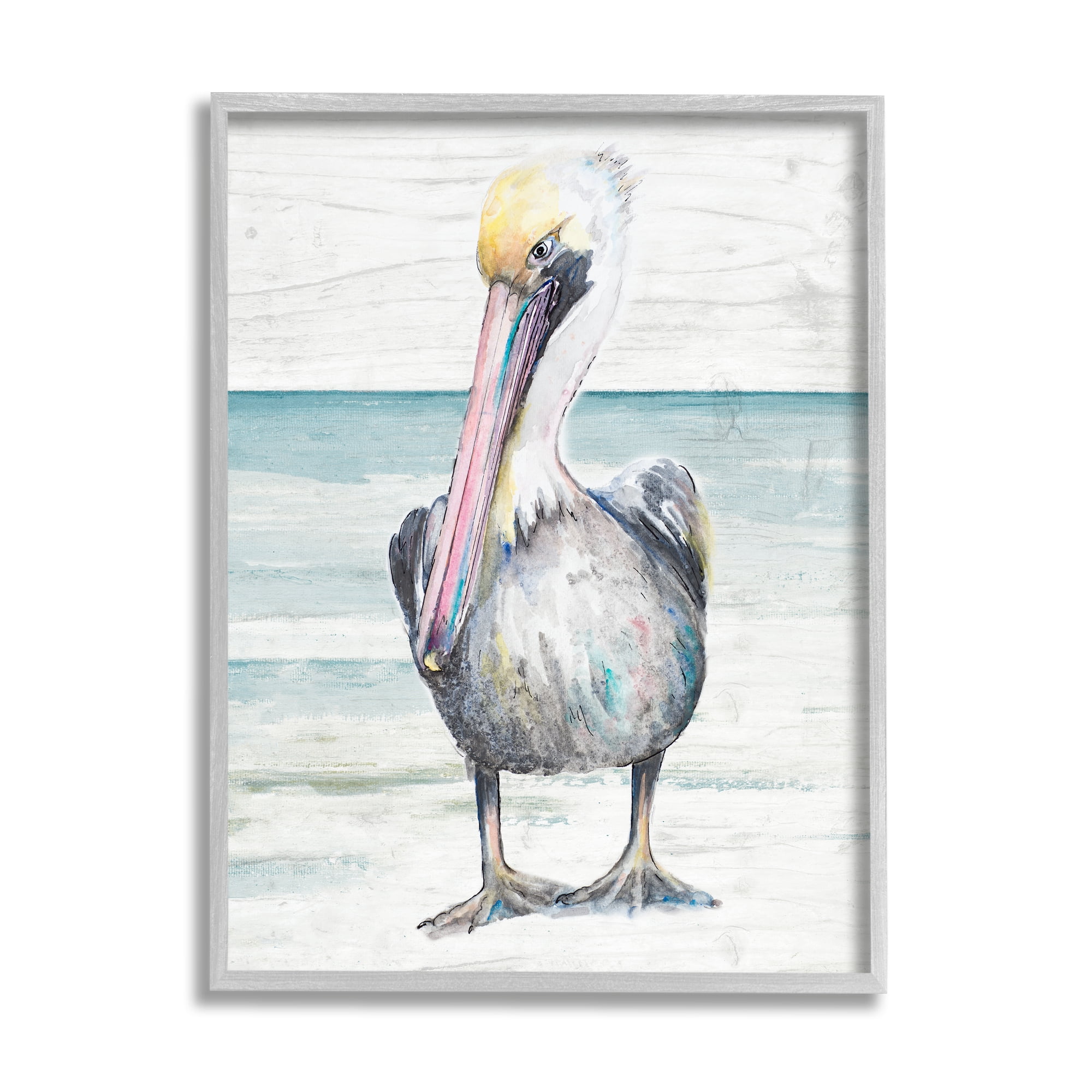 Stupell Industries Pelican Bird Standing Beach Sand Grain Pattern Graphic Art Gray Framed Art Print Wall Art, Design by Patricia Pinto