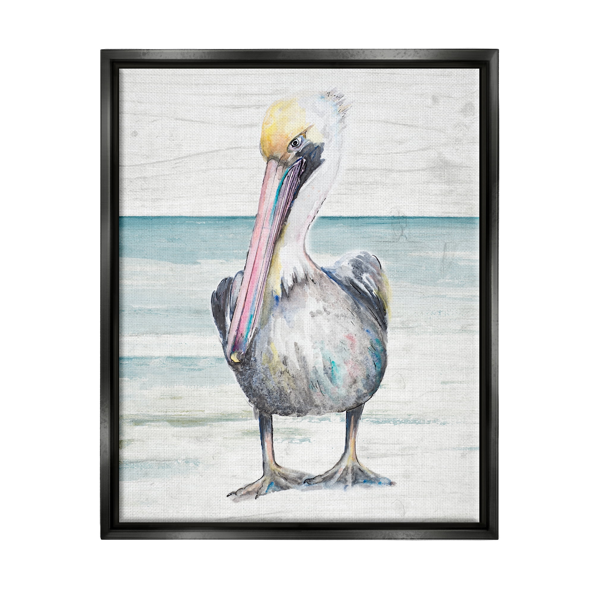 Pelican Bird Standing Beach Canvas Print in Black Frame