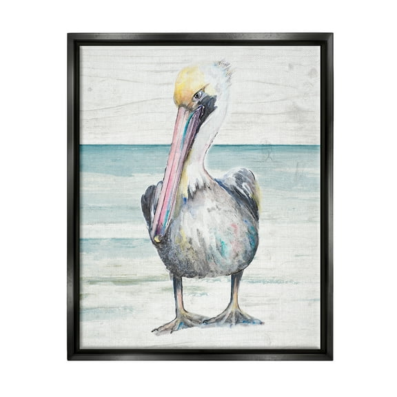 Stupell Industries Pelican Bird Standing Beach Sand Grain Pattern Graphic Art Jet Black Floating Framed Canvas Print Wall Art, Design by Patricia Pinto