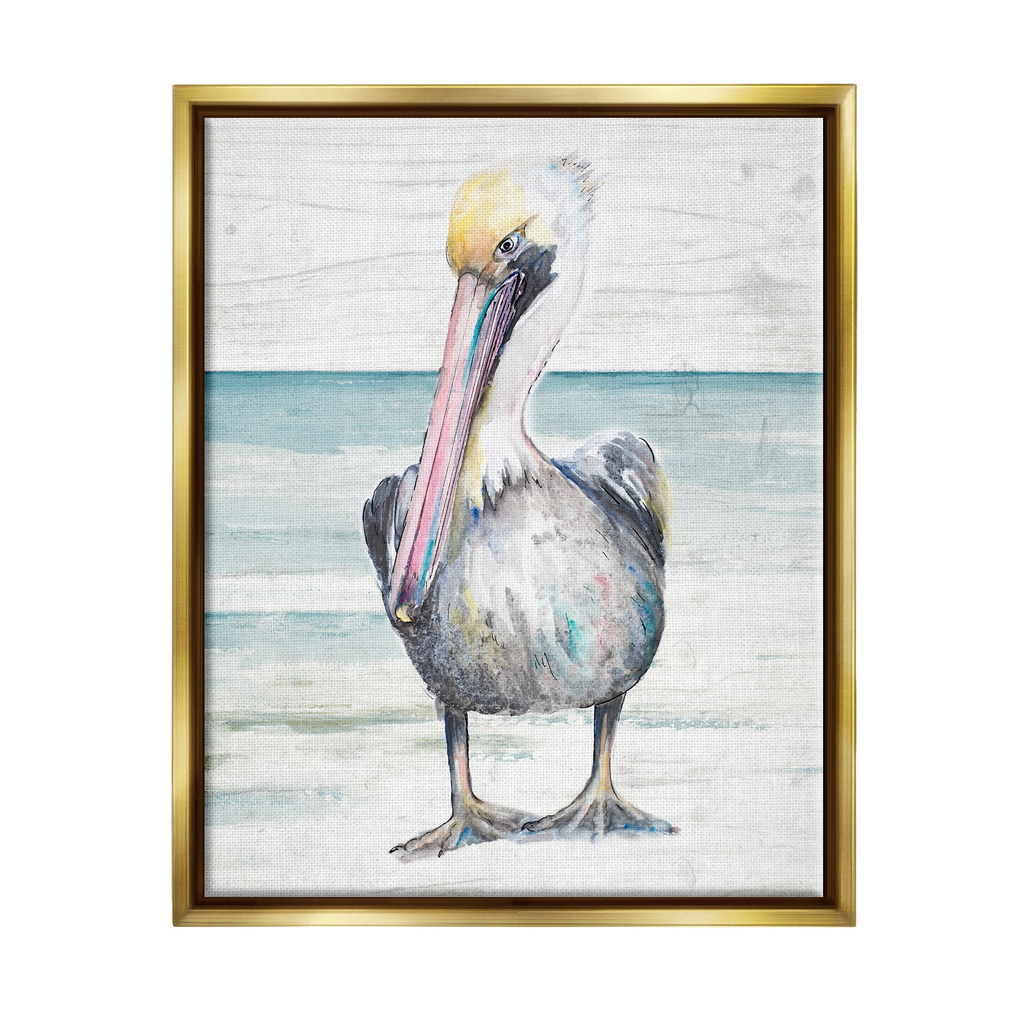 Stupell Industries Pelican Bird Standing Beach Sand Grain Pattern Graphic Art Metallic Gold Floating Framed Canvas Print Wall Art, Design by Patricia Pinto