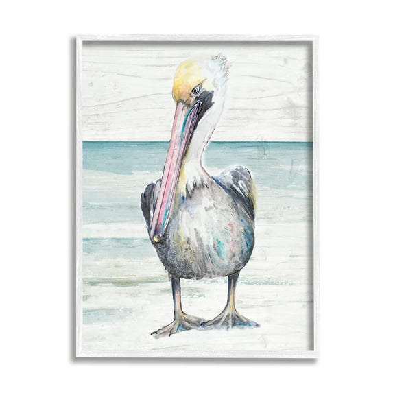 Stupell Industries Pelican Bird Standing Beach Sand Grain Pattern Graphic Art White Framed Art Print Wall Art, Design by Patricia Pinto