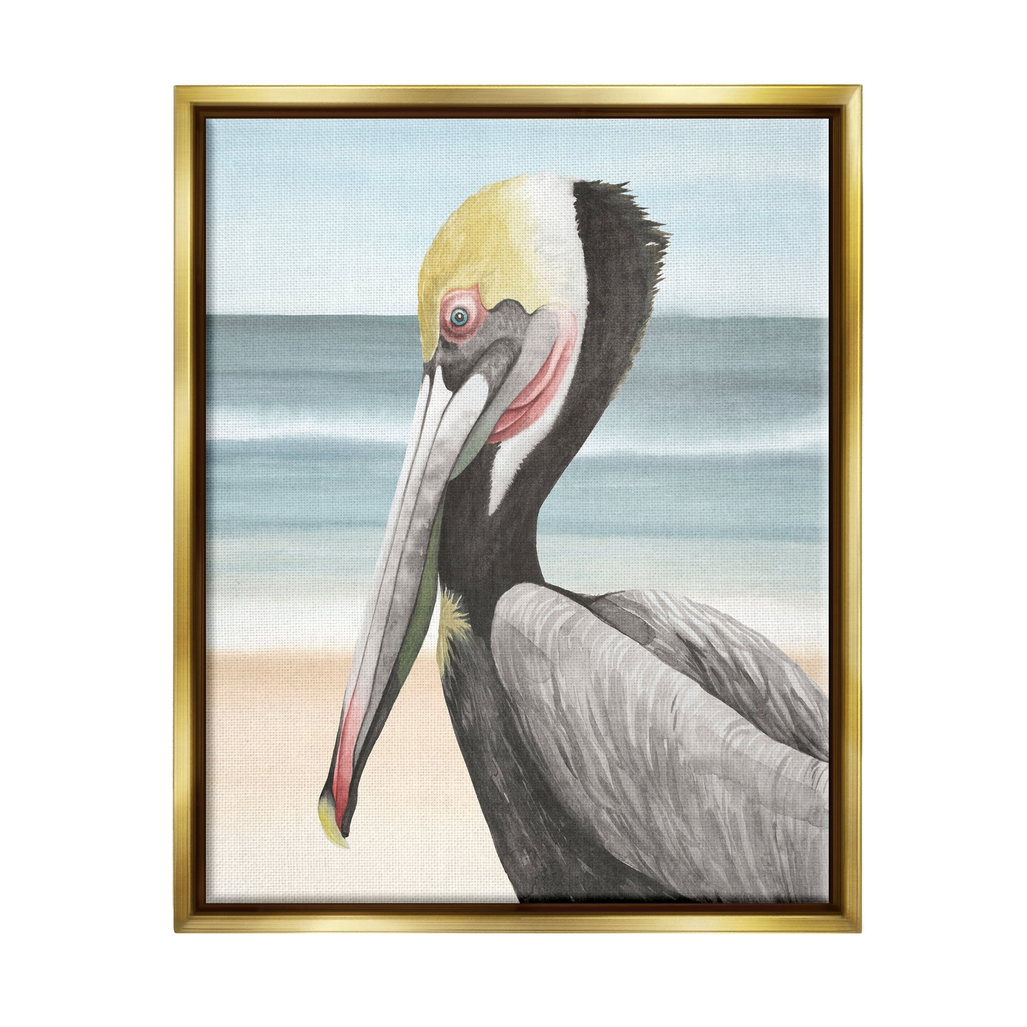 Stupell Industries Pelican & Coastal Shore Animals & Insects Painting Gold Floater Framed Canvas Art Print Wall Art, 17 x 21