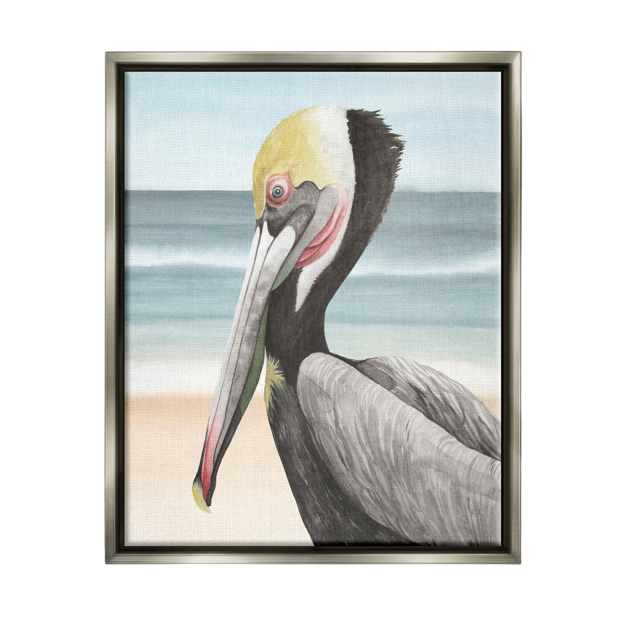 Stupell Industries Pelican & Coastal Shore Animals & Insects Painting Gray Floater Framed Canvas Art Print Wall Art, 17 x 21
