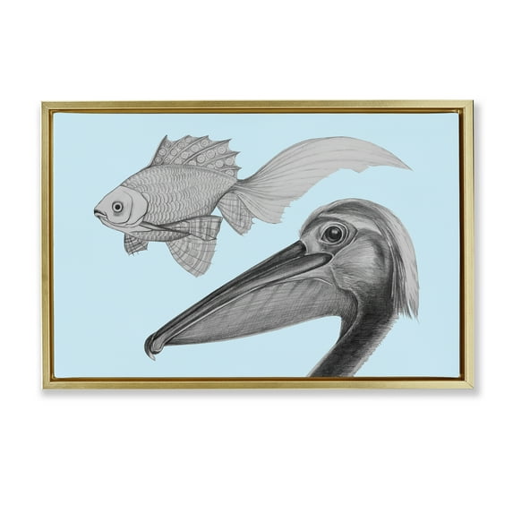 Stupell Industries Pelican & Fish Sketch on Blue Gold Framed Floater Canvas Wall Art design by Violeta Vollmer, 21 x 31
