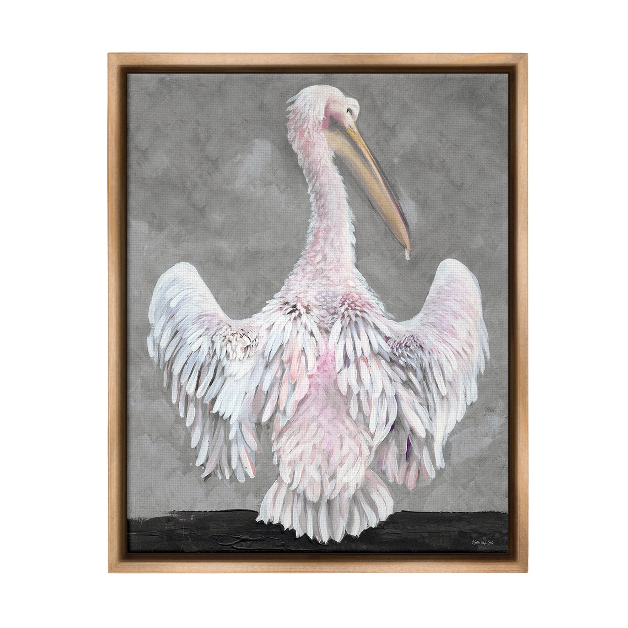 Stupell Industries Pelican Flapping Wings Animals & Insects Painting Brown Floater Framed Canvas Art Print Wall Art, 17 x 21