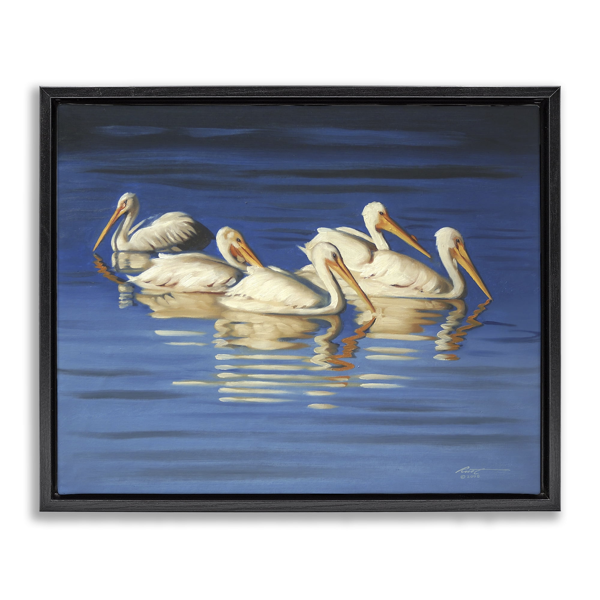 Stupell Industries Pelican Flock Lake Ripples Animals & Insects Painting Black Floater Framed Canvas Art Print Wall Art, 31 x 25