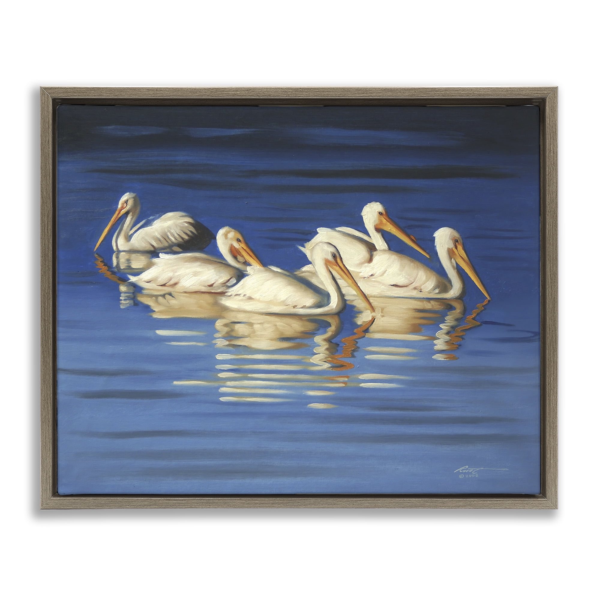 Stupell Industries Pelican Flock Lake Ripples Animals & Insects Painting Brown Floater Framed Canvas Art Print Wall Art, 21 x 17
