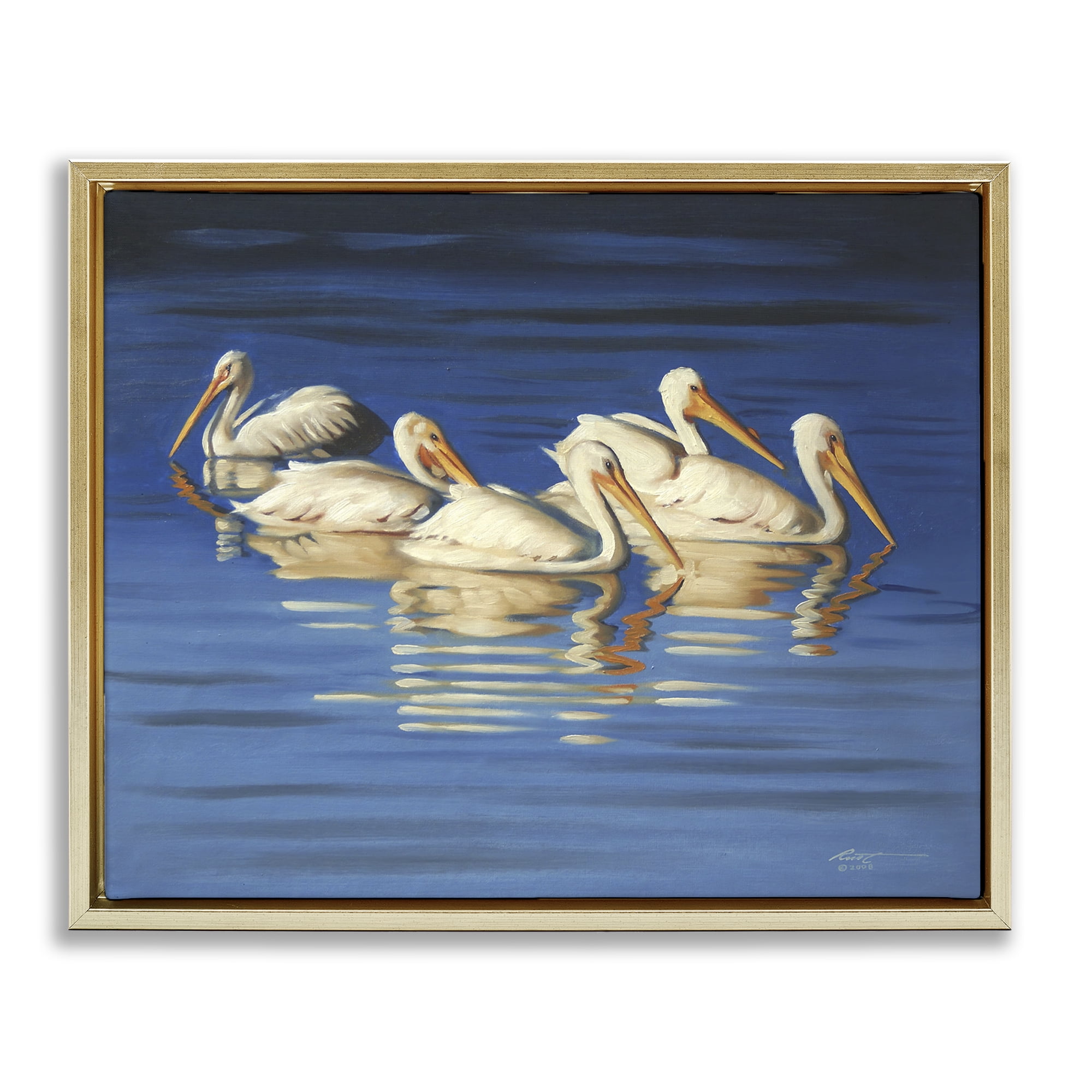 Stupell Industries Pelican Flock Lake Ripples Animals & Insects Painting Gold Floater Framed Canvas Art Print Wall Art, 21 x 17