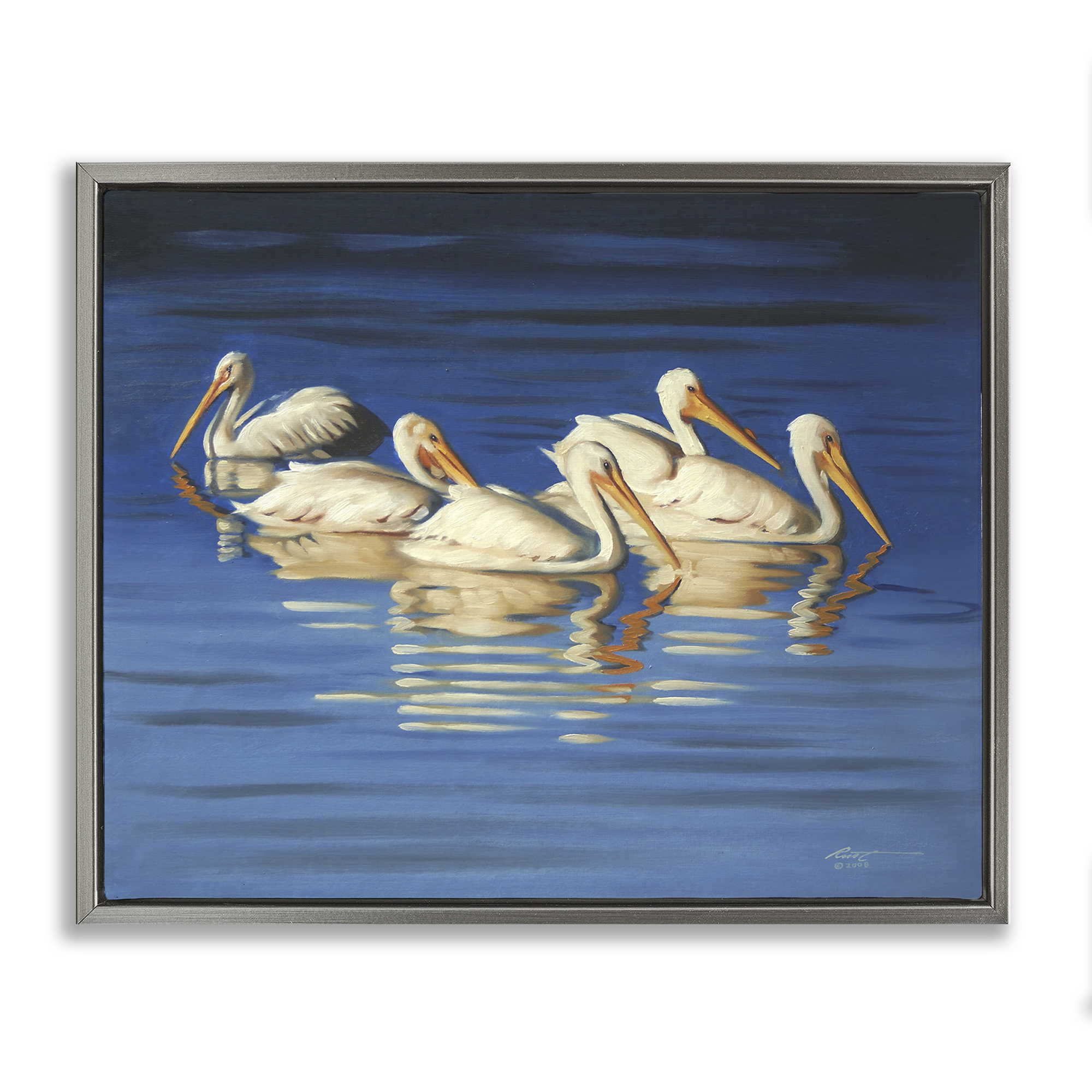 Stupell Industries Pelican Flock Lake Ripples Animals & Insects Painting Gray Floater Framed Canvas Art Print Wall Art, 21 x 17