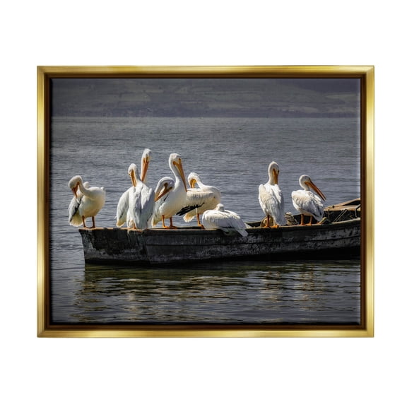 Stupell Industries Pelican Flock On Floating Lake Boat Photograph Metallic Gold Floating Framed Canvas Print Wall Art, Design by David Lorenz
