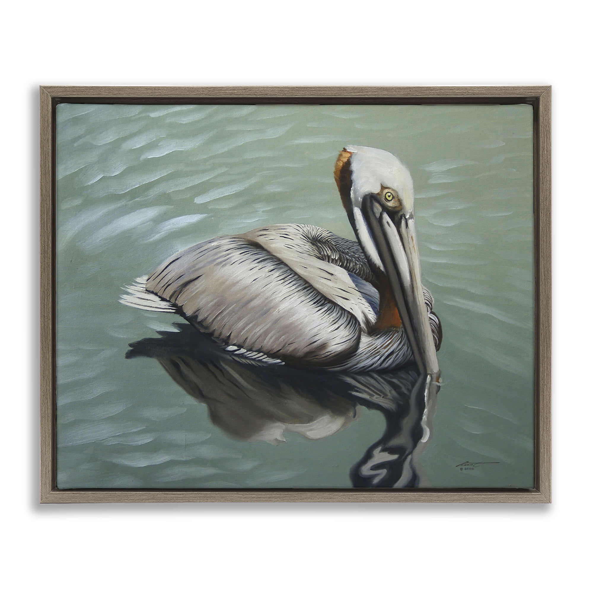 Stupell Industries Pelican Lake Reflection Animals & Insects Painting Brown Floater Framed Canvas Art Print Wall Art, 31 x 25