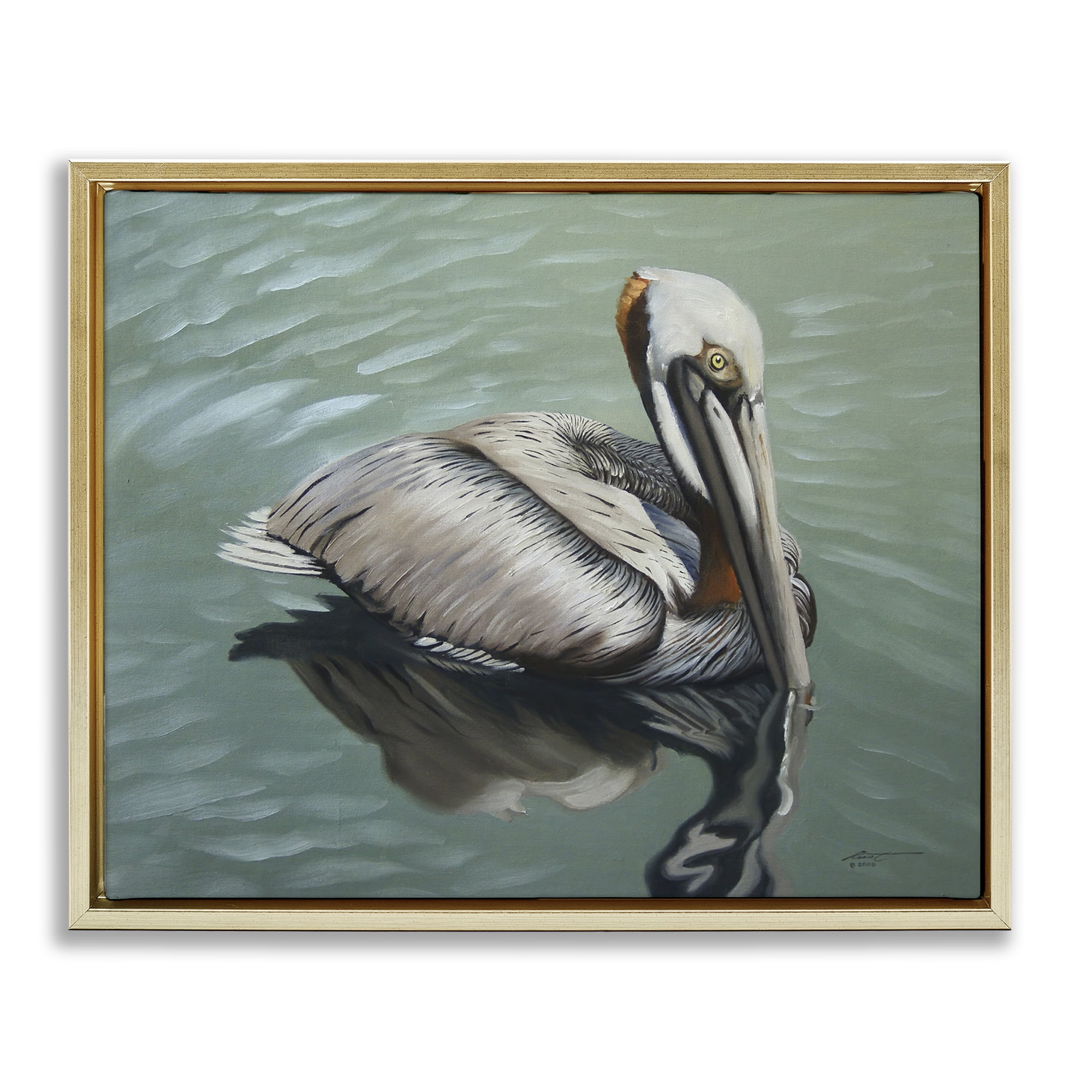 Stupell Industries Pelican Lake Reflection Animals & Insects Painting Gold Floater Framed Canvas Art Print Wall Art, 21 x 17
