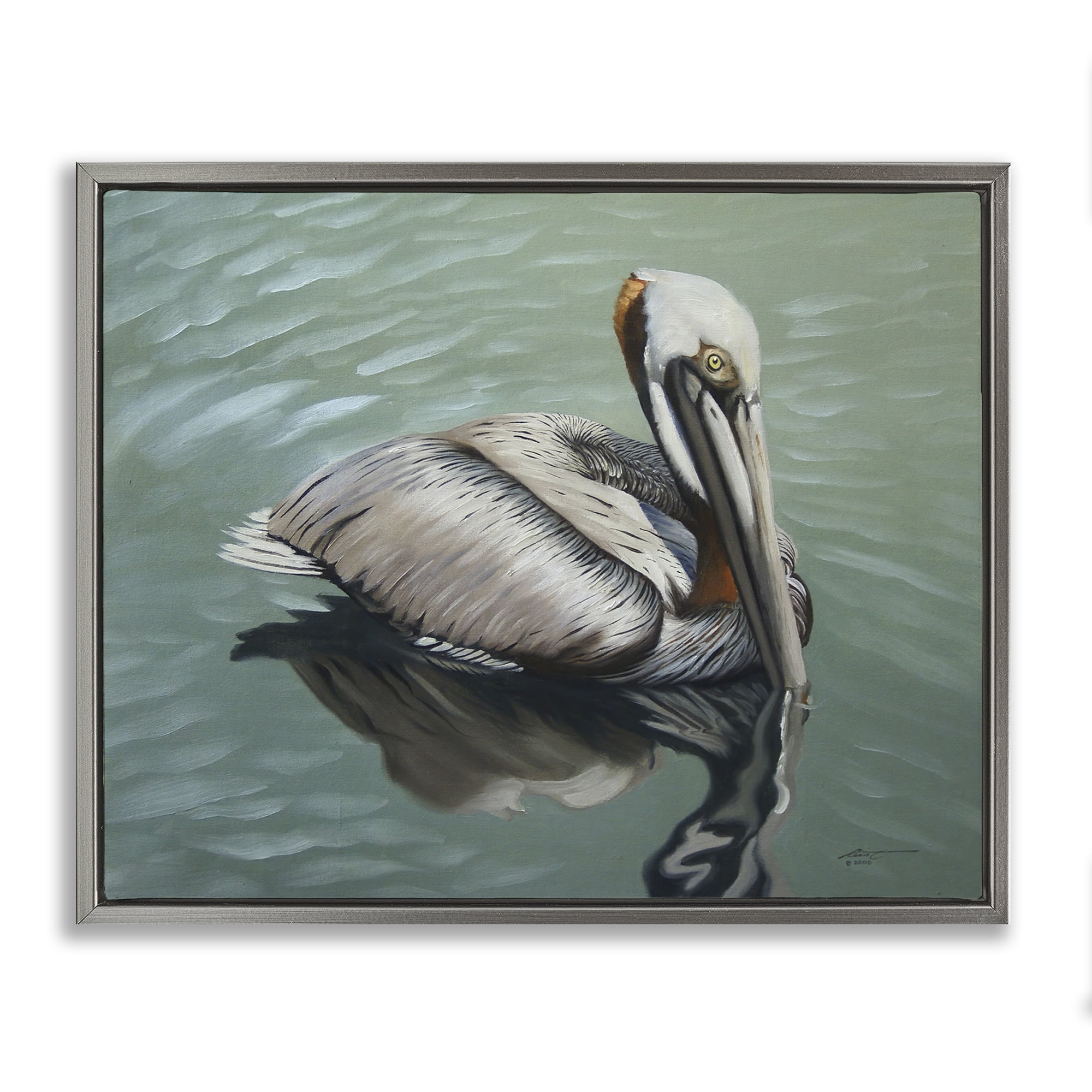 Stupell Industries Pelican Lake Reflection Animals & Insects Painting Gray Floater Framed Canvas Art Print Wall Art, 31 x 25