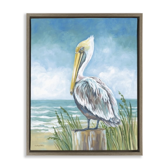 Stupell Industries Pelican Perched near Shore Animals Painting Brown Floater Framed Canvas Art Print Wall Art, 25 x 31