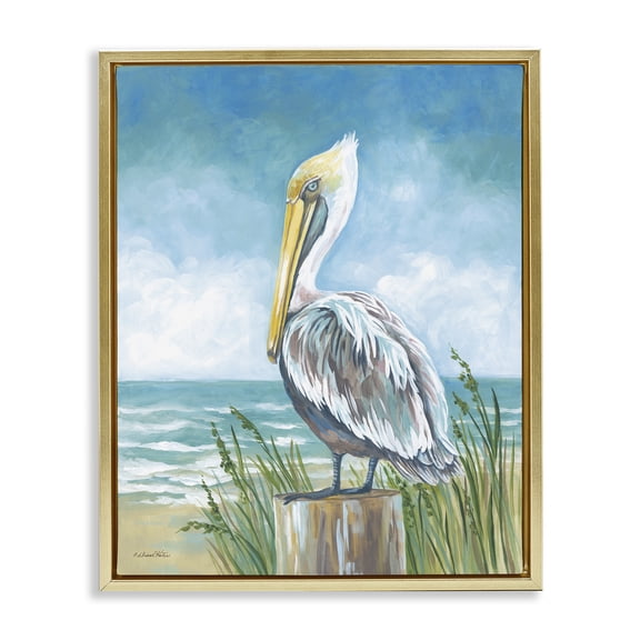 Stupell Industries Pelican Perched near Shore Animals Painting Gold Floater Framed Canvas Art Print Wall Art, 17 x 21