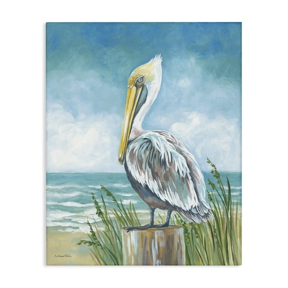 Stupell Industries Pelican Perched near Shore Animals Painting Wrapped Canvas Canvas Art Print Wall Art, 16 x 20
