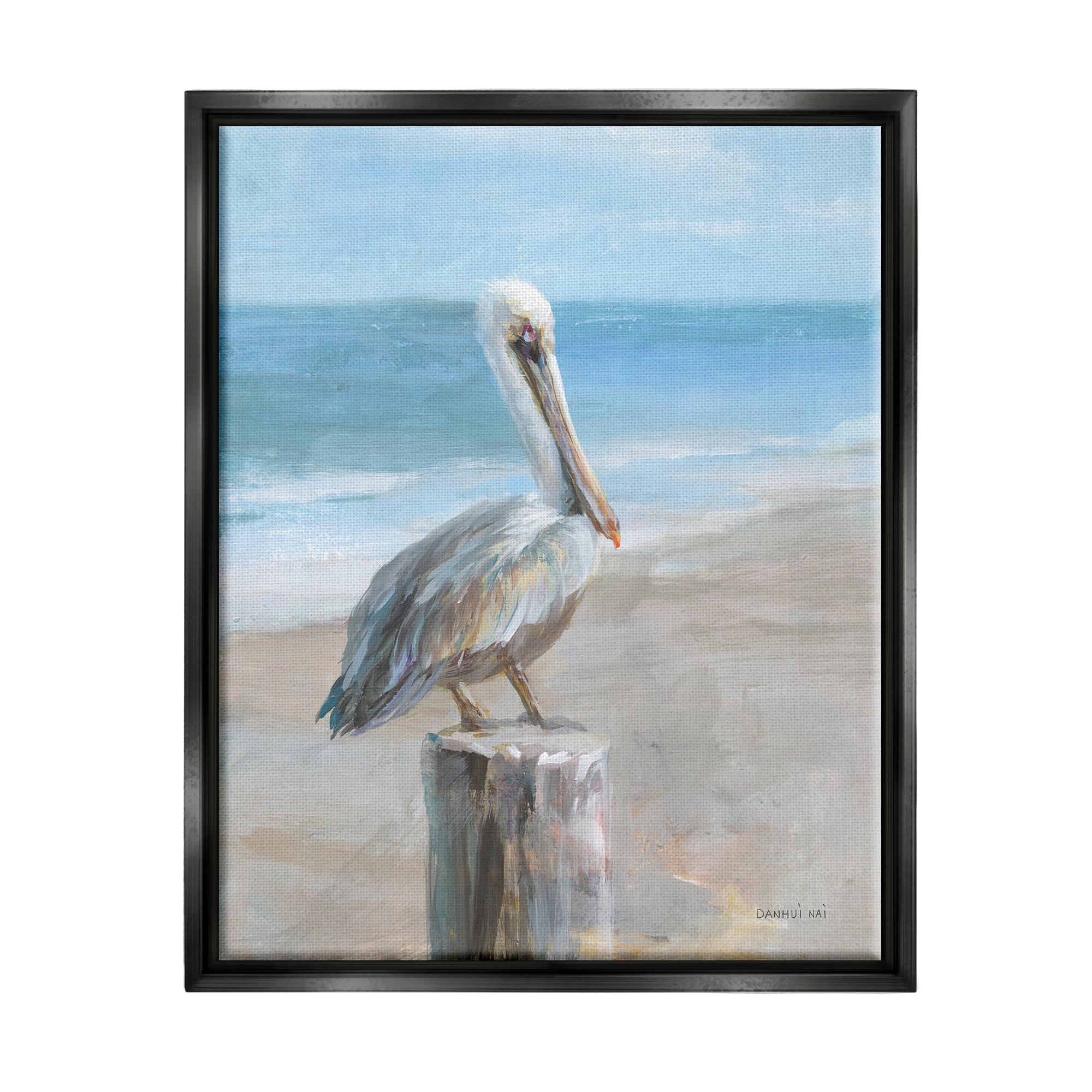 Stupell Industries Pelican Perched on Coast Animals & Insects Painting Black Floater Framed Art Print Wall Art, 17 x 21