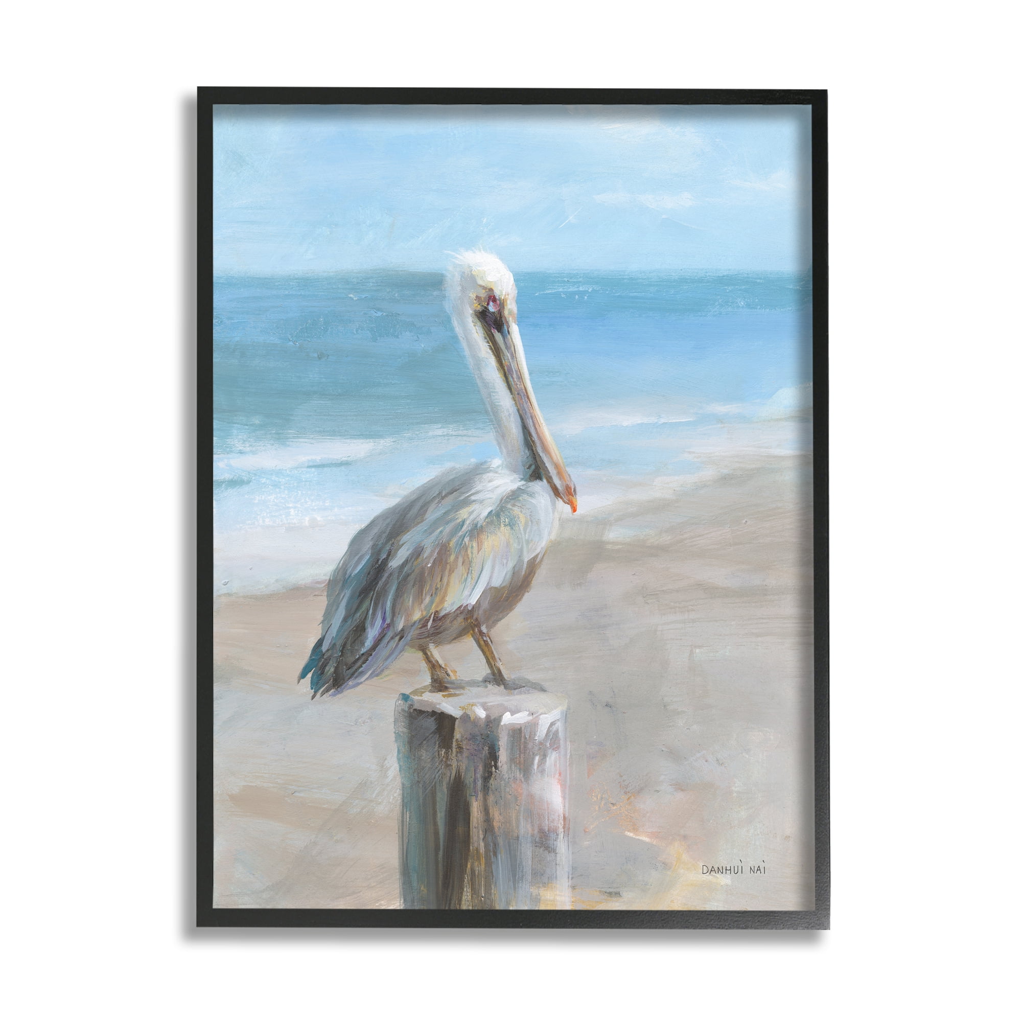 Stupell Industries Pelican Perched on Coast Animals & Insects Painting Black Framed Art Print Wall Art, 16 x 20