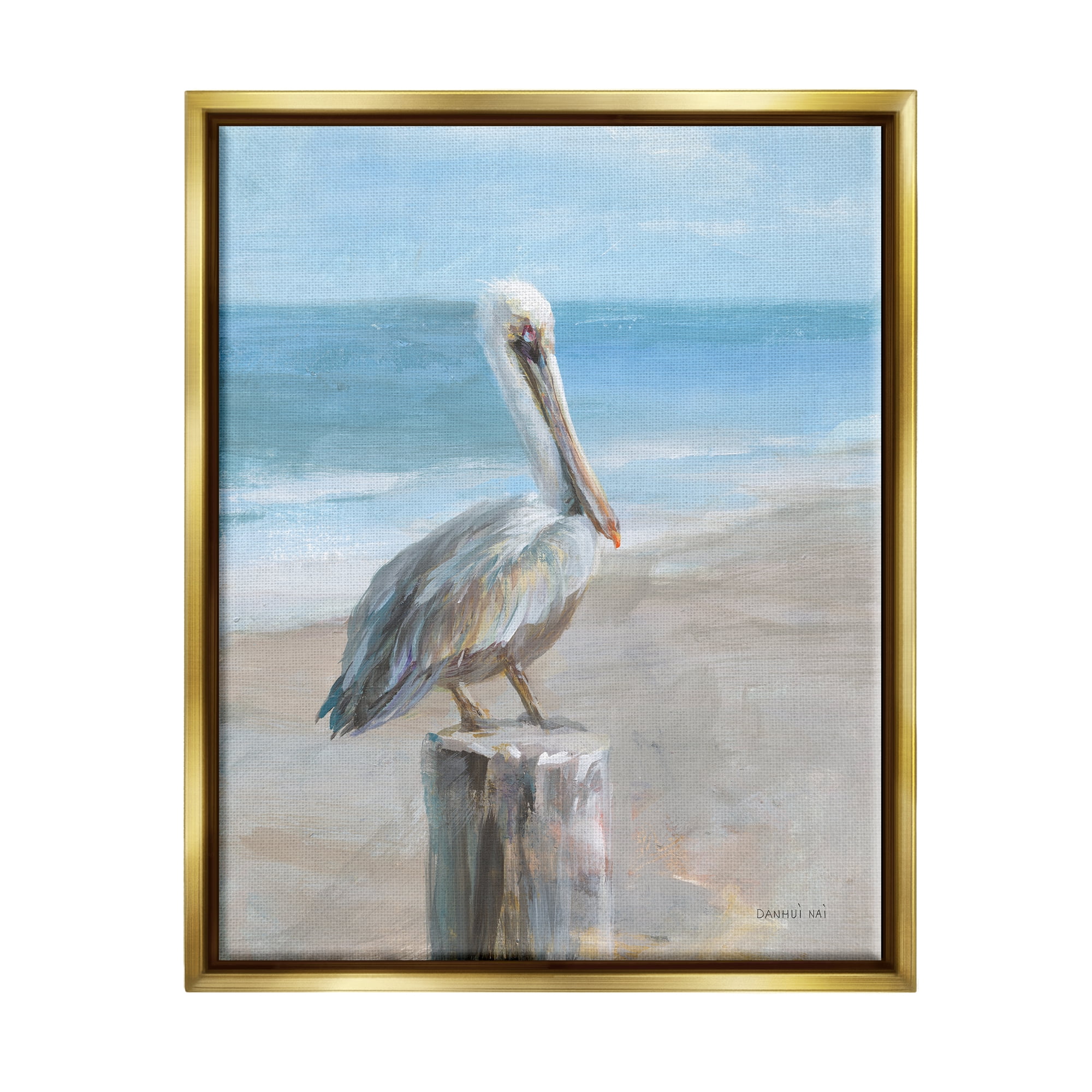 Stupell Industries Pelican Perched on Coast Animals & Insects Painting Gold Floater Framed Art Print Wall Art, 17 x 21